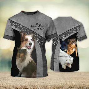 3D Dog T Shirts, Border Collie Cute Grey Never Walk Alone All Over Print T-Shirt, Gift For Pet Loves