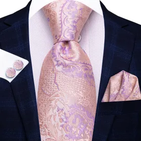 $9.99 Hi-Tie Light Pink Tie Plum Jacquard Necktie Pocket Square Cufflinks Set