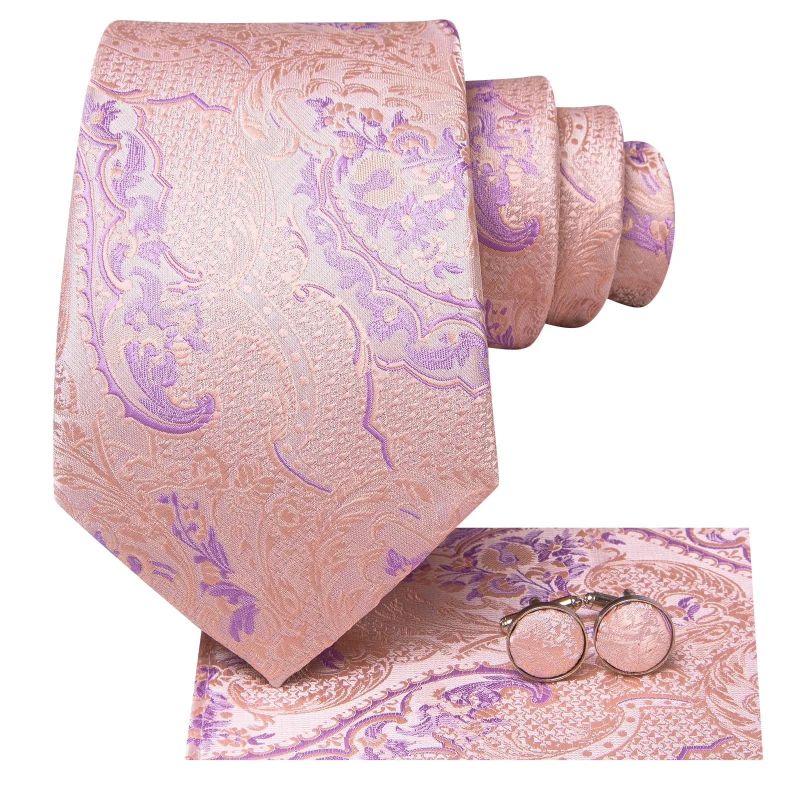 $9.99 Hi-Tie Light Pink Tie Plum Jacquard Necktie Pocket Square Cufflinks Set