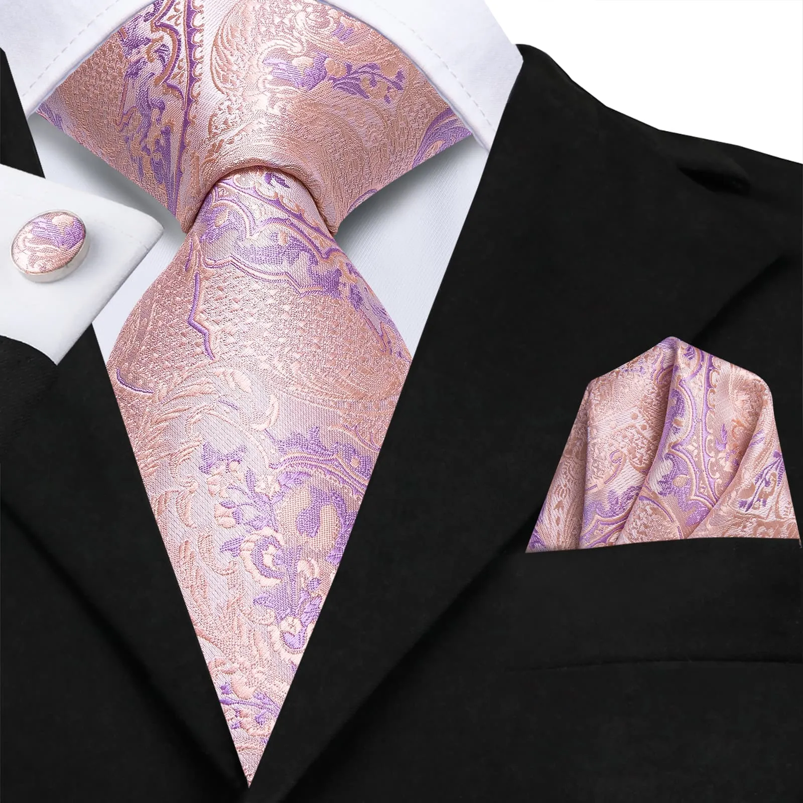 $9.99 Hi-Tie Light Pink Tie Plum Jacquard Necktie Pocket Square Cufflinks Set