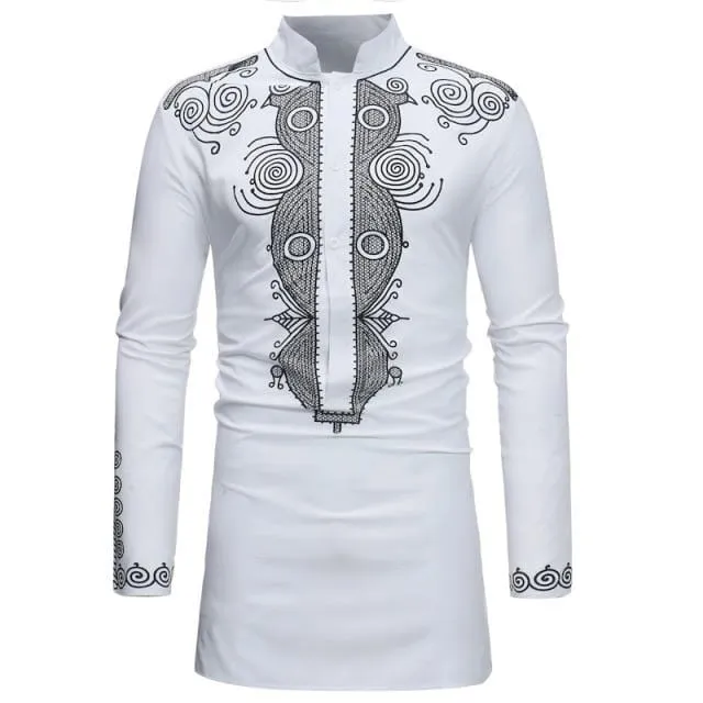 African Tribal Dashiki Longline Shirt 2018 Brand New Slim Long Sleeve Mandarin Collar Dress Shirt Men African Clothing Camisa