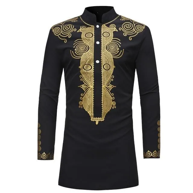 African Tribal Dashiki Longline Shirt 2018 Brand New Slim Long Sleeve Mandarin Collar Dress Shirt Men African Clothing Camisa