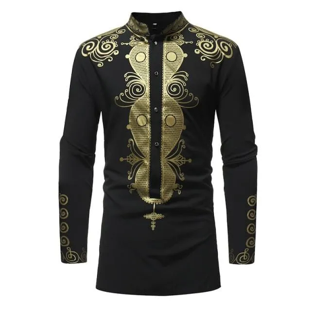 African Tribal Dashiki Longline Shirt 2018 Brand New Slim Long Sleeve Mandarin Collar Dress Shirt Men African Clothing Camisa