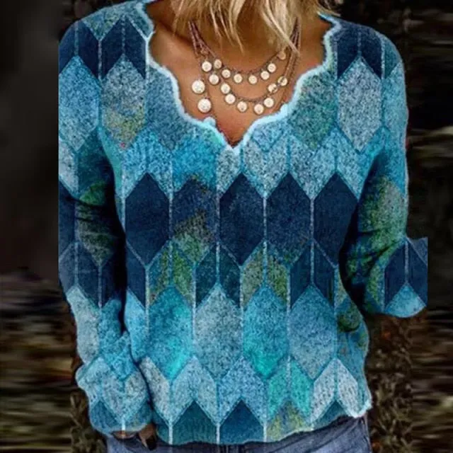 Ageless Geometric Printed Casual V Neck Sweater