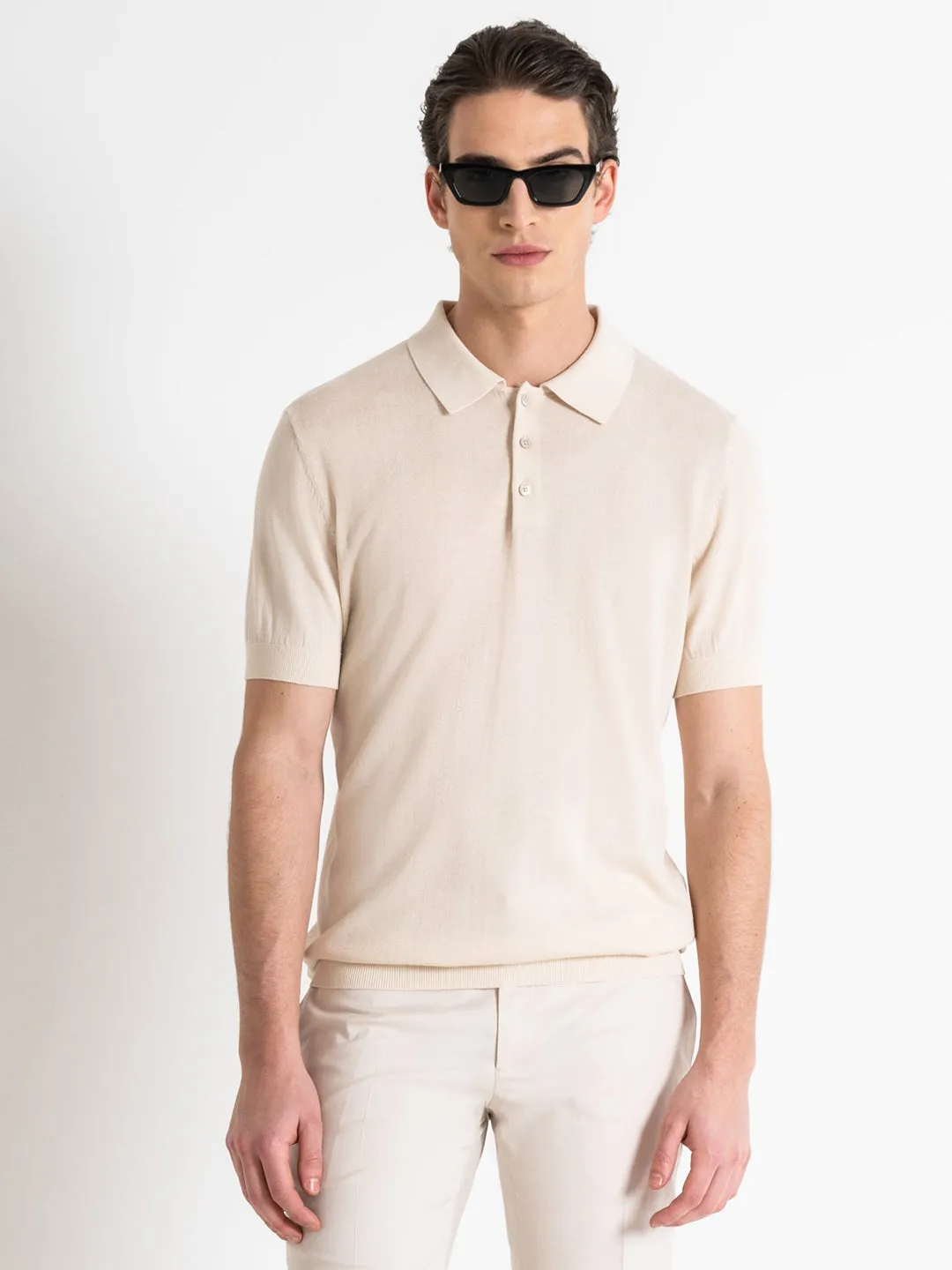 Antony Morato Men Beige Solid Polo Collar Short Sleeves T-Shirt