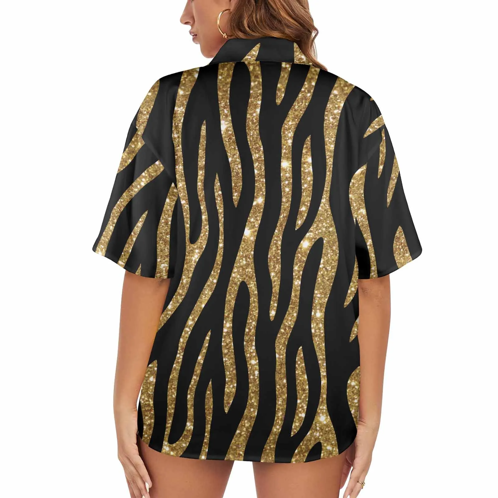 Black and Gold Glitter Leopard Print  Women's Hawaiian Shirt