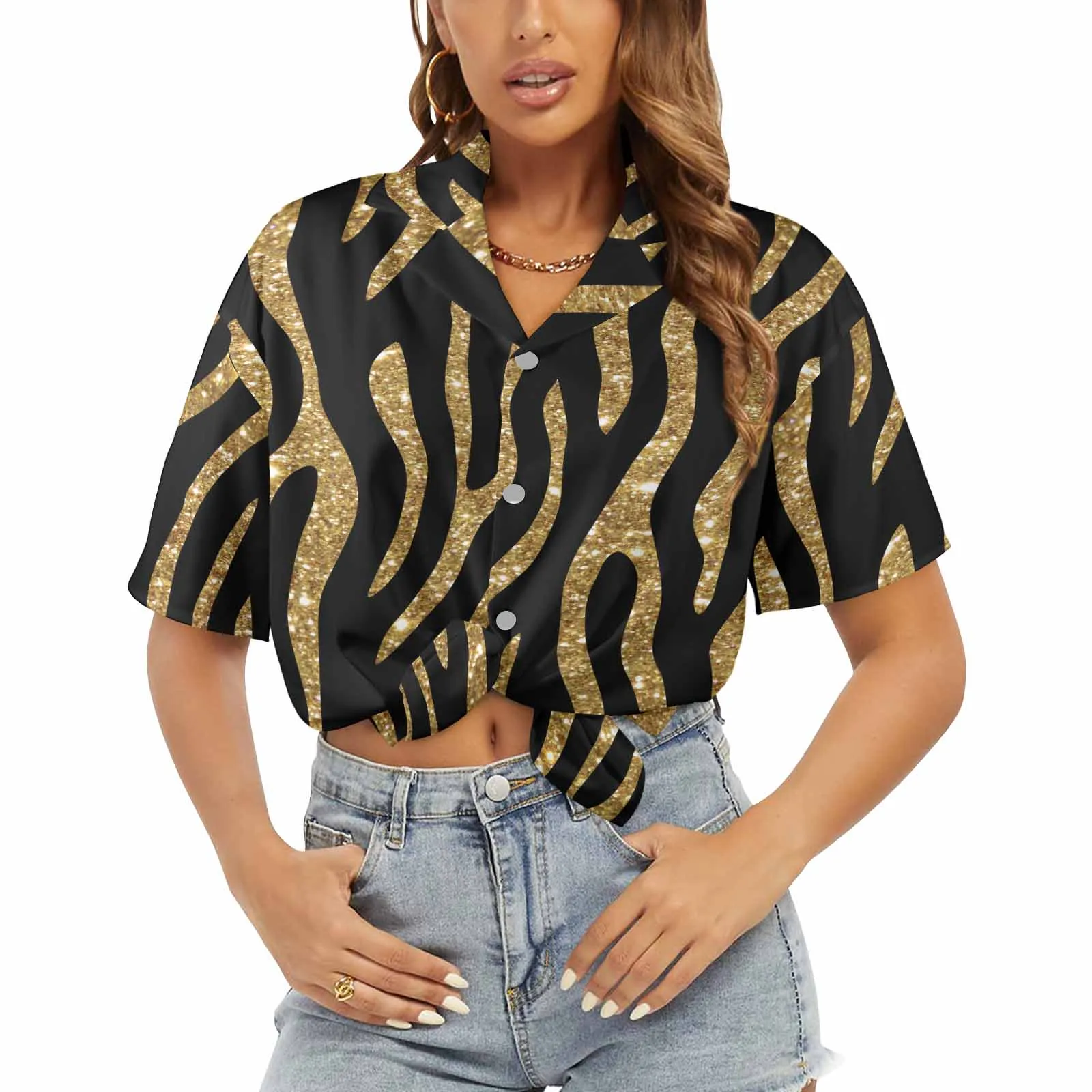 Black and Gold Glitter Leopard Print  Women's Hawaiian Shirt