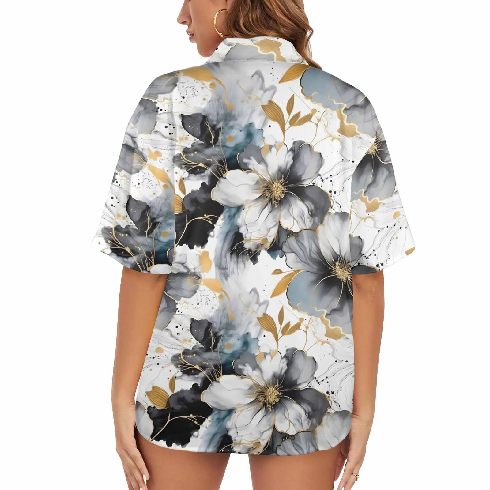 Black White and Gold  Women's Hawaiian Shirt