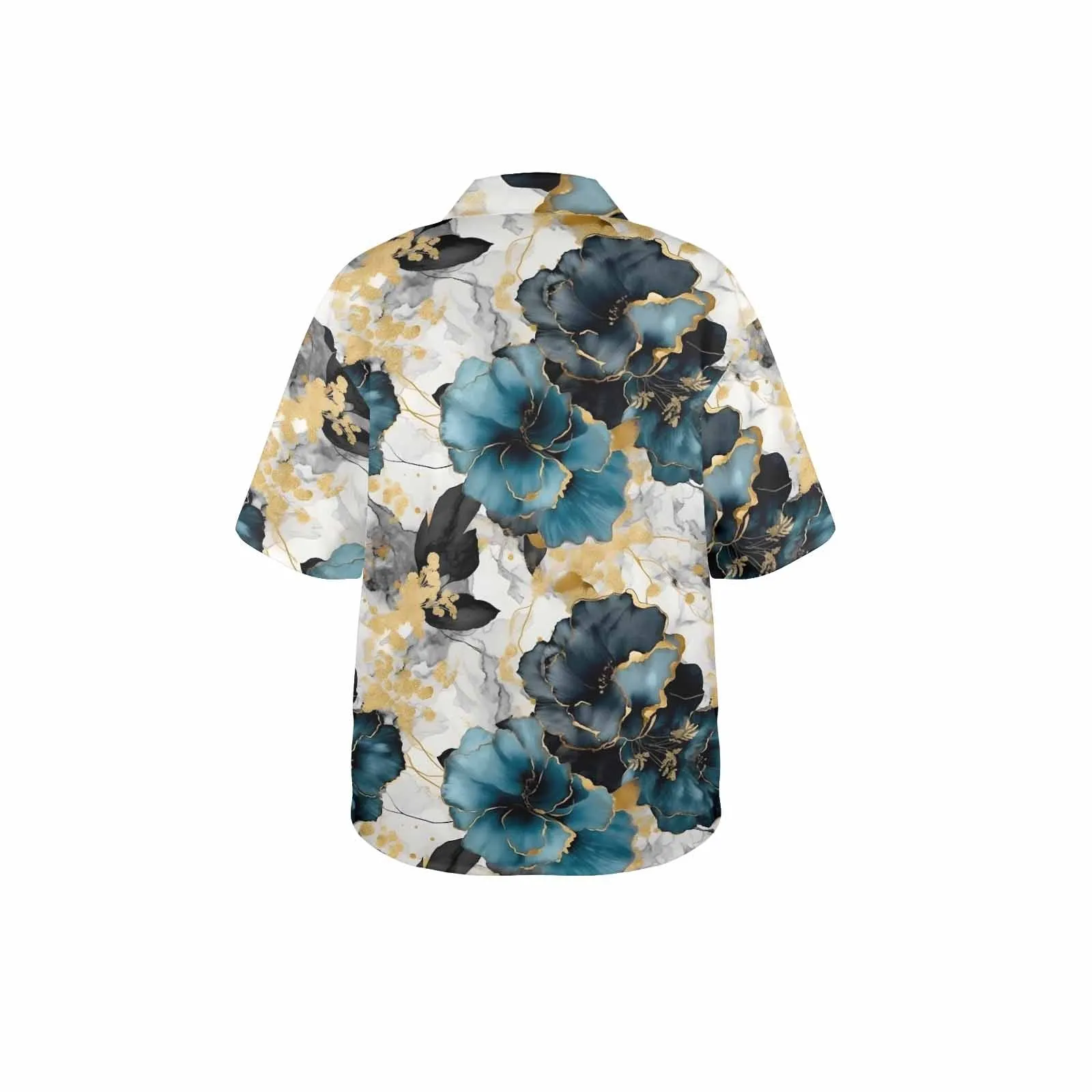 Blue & Gold Ink Floral  Women's Hawaiian Shirt