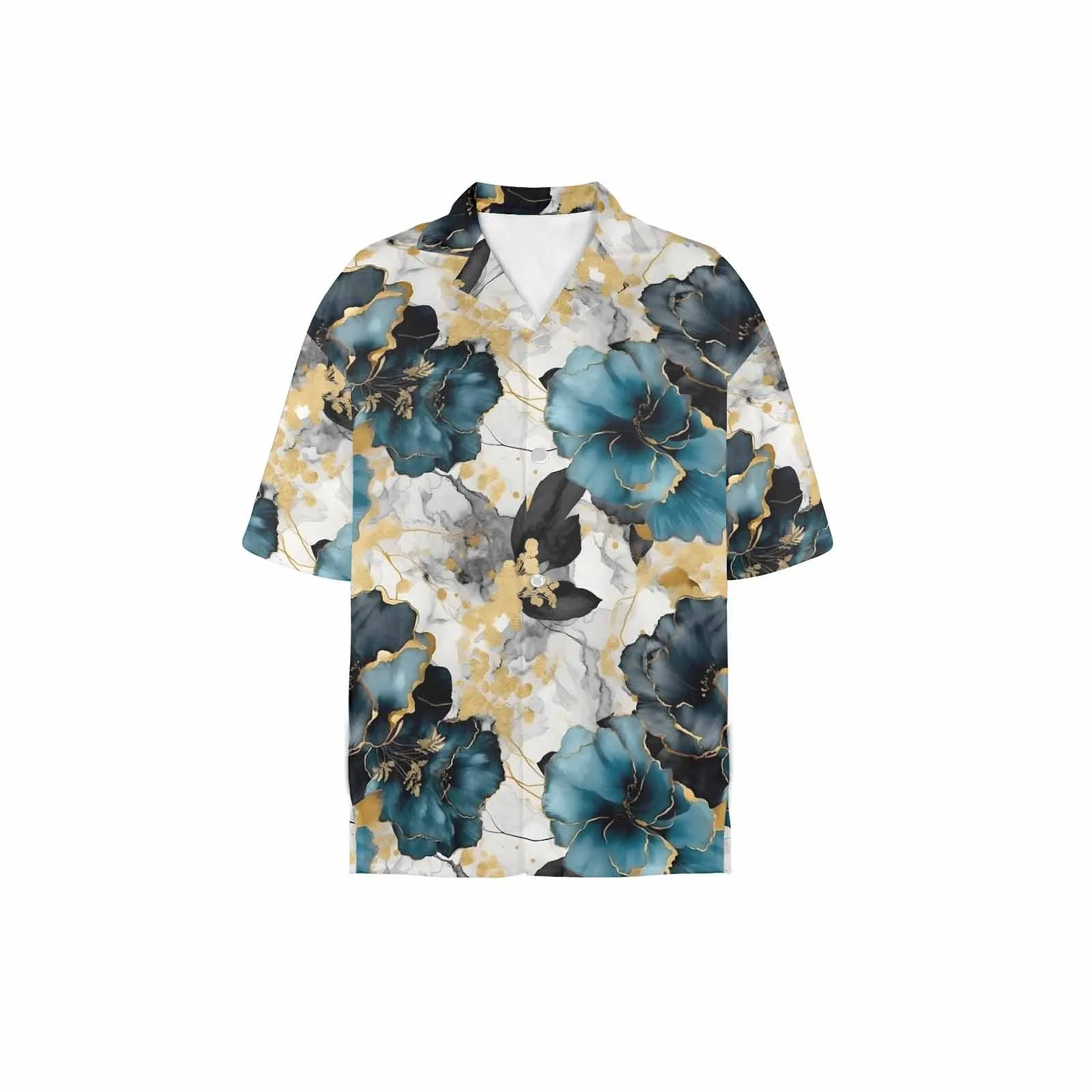 Blue & Gold Ink Floral  Women's Hawaiian Shirt