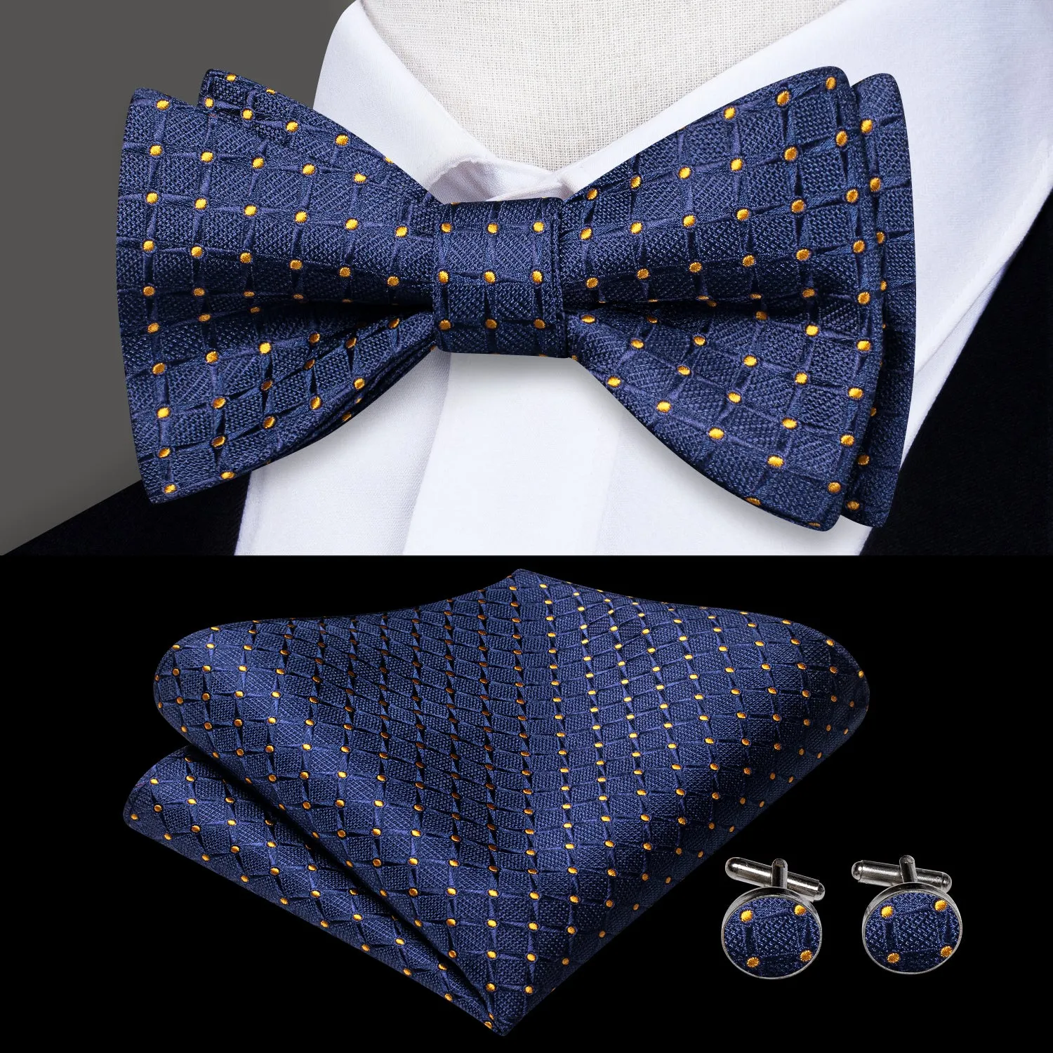 Blue Golden Dot Silk Self-tied Bow Tie Pocket Square Cufflinks Pin Set