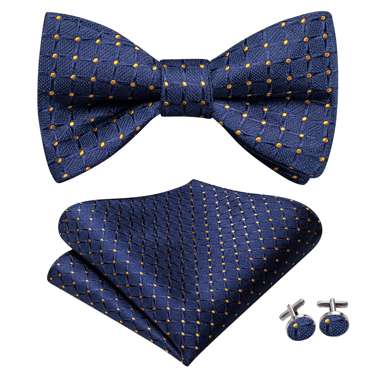 Blue Golden Dot Silk Self-tied Bow Tie Pocket Square Cufflinks Pin Set