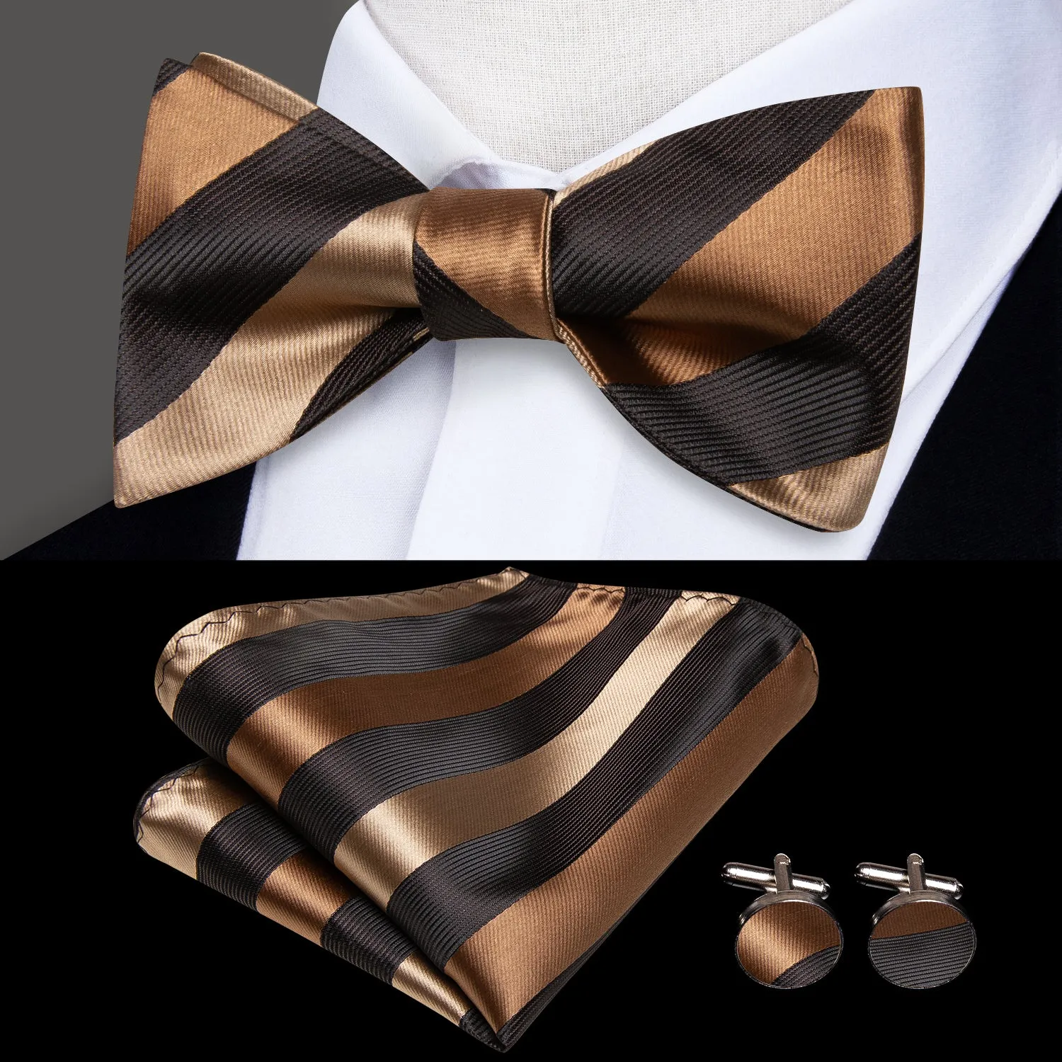 Brown Golden Strip Self-tied Bow Tie Pocket Square Cufflinks Set