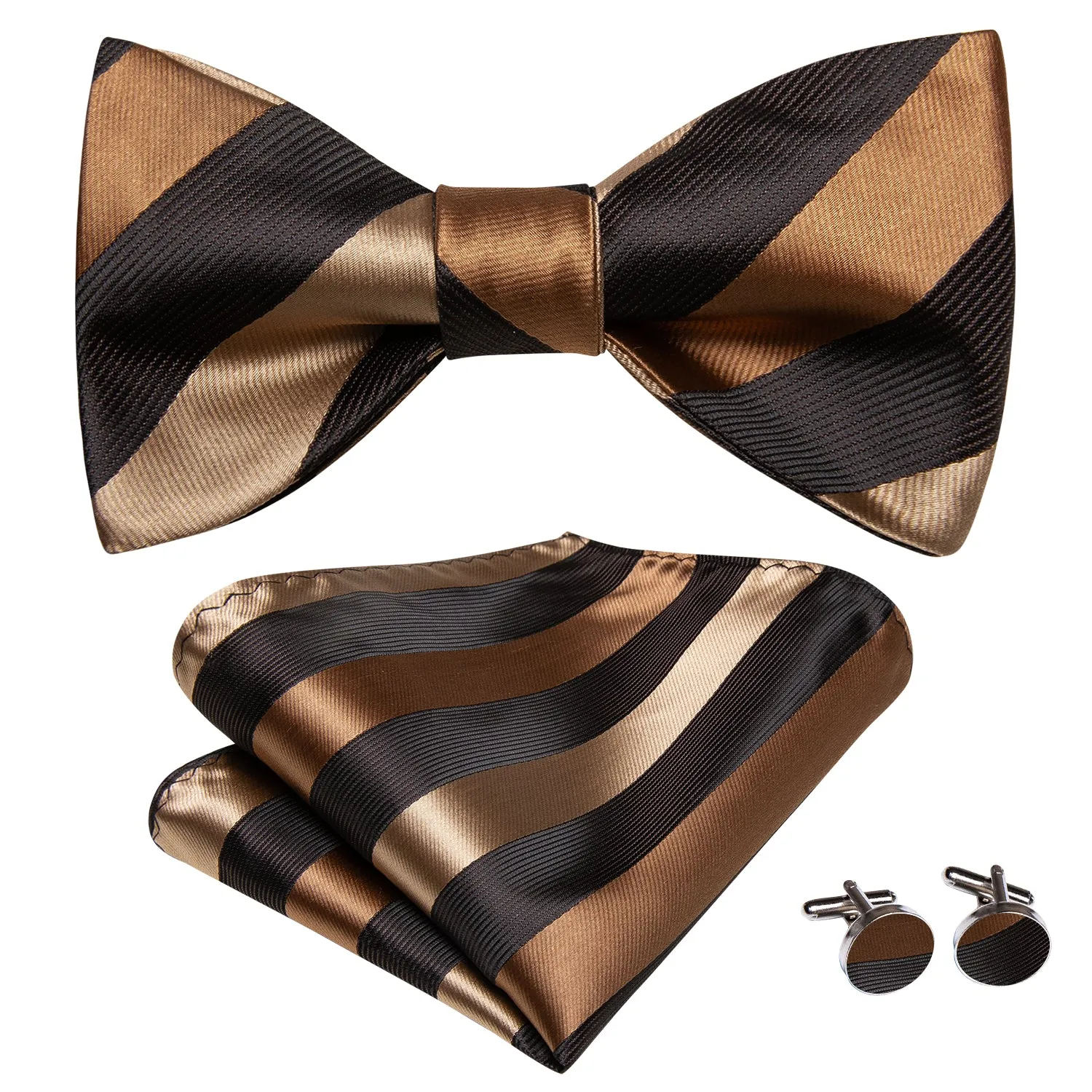 Brown Golden Strip Self-tied Bow Tie Pocket Square Cufflinks Set