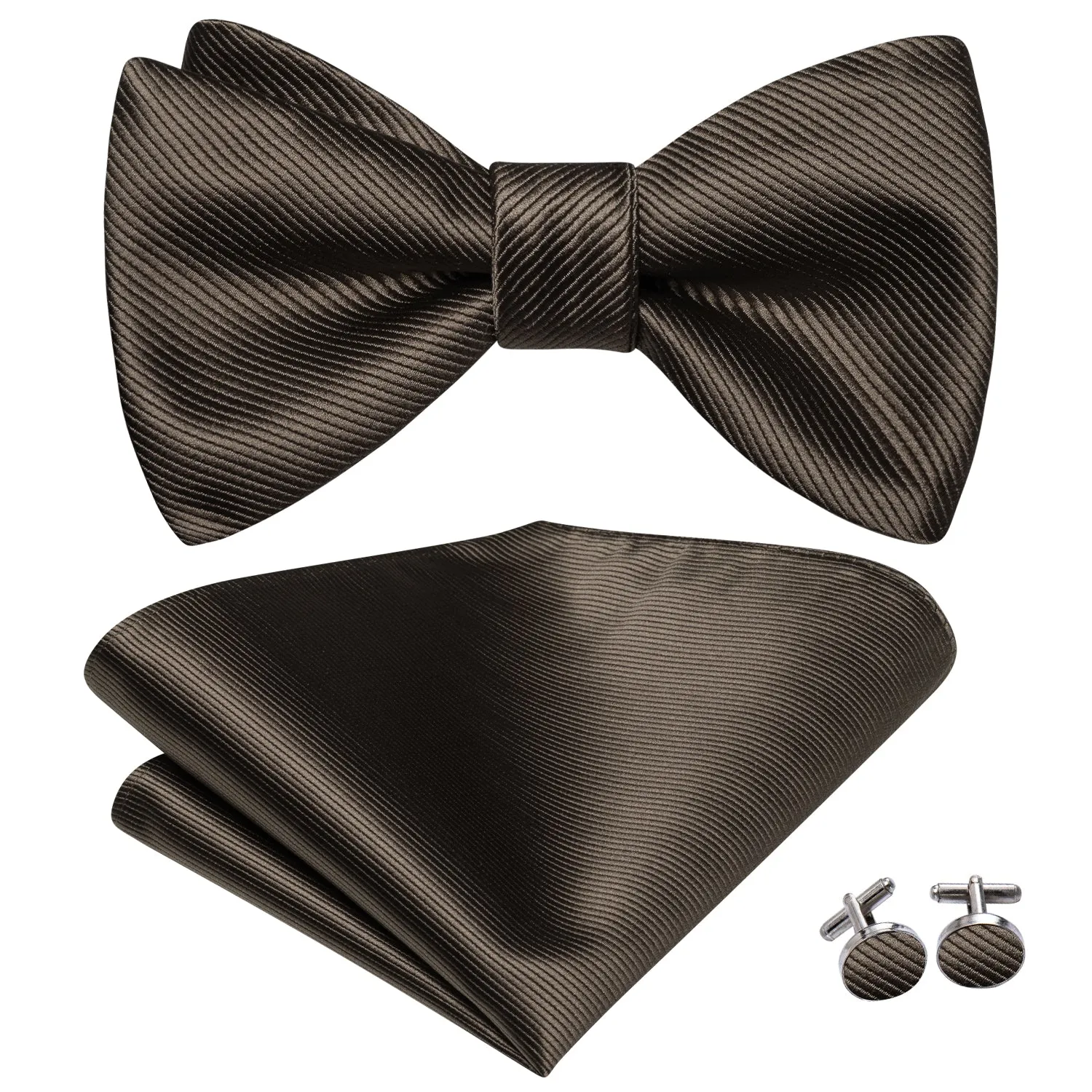 Brown Grey Striped Silk Self-tied Bow Tie Pocket Square Cufflinks Set