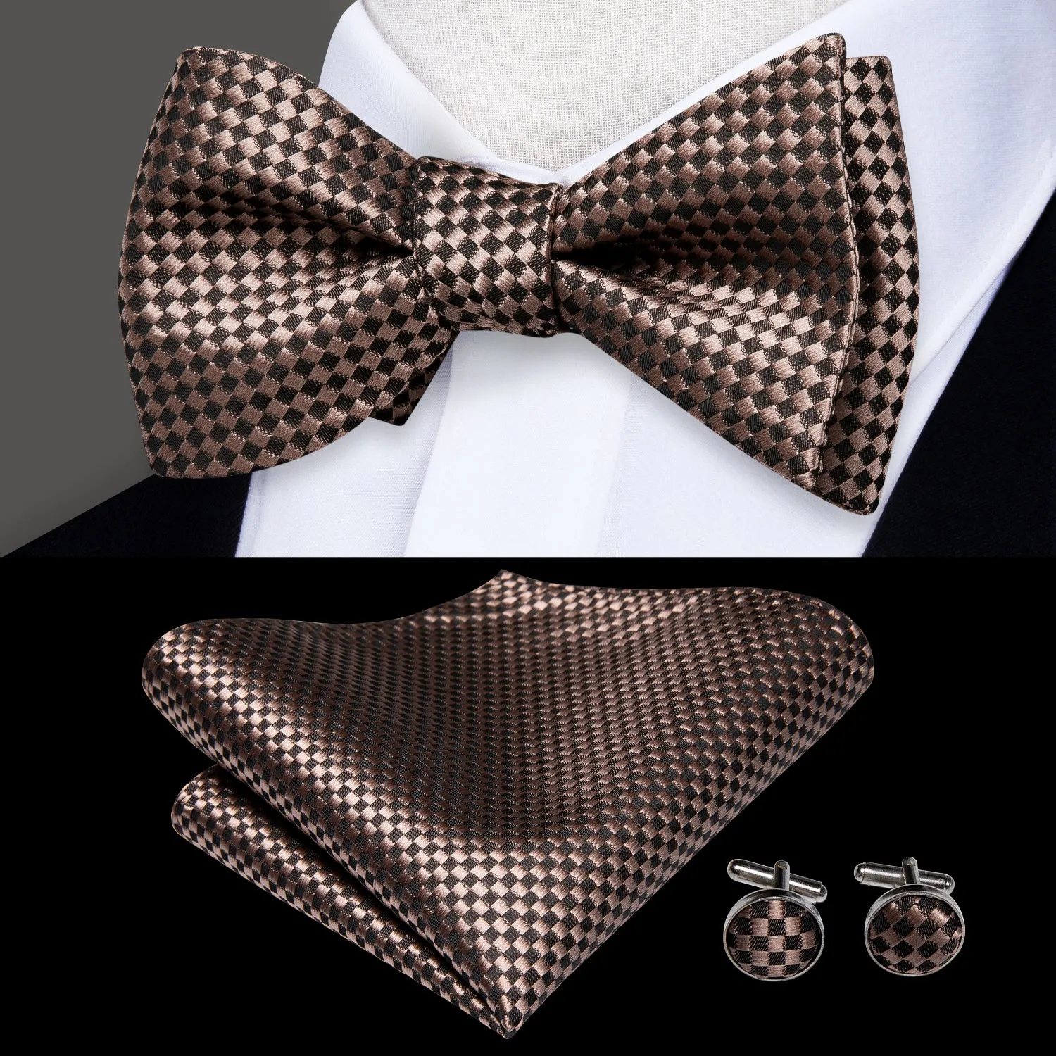 Brown Plaid Self-tied Bow Tie Pocket Square Cufflinks Set