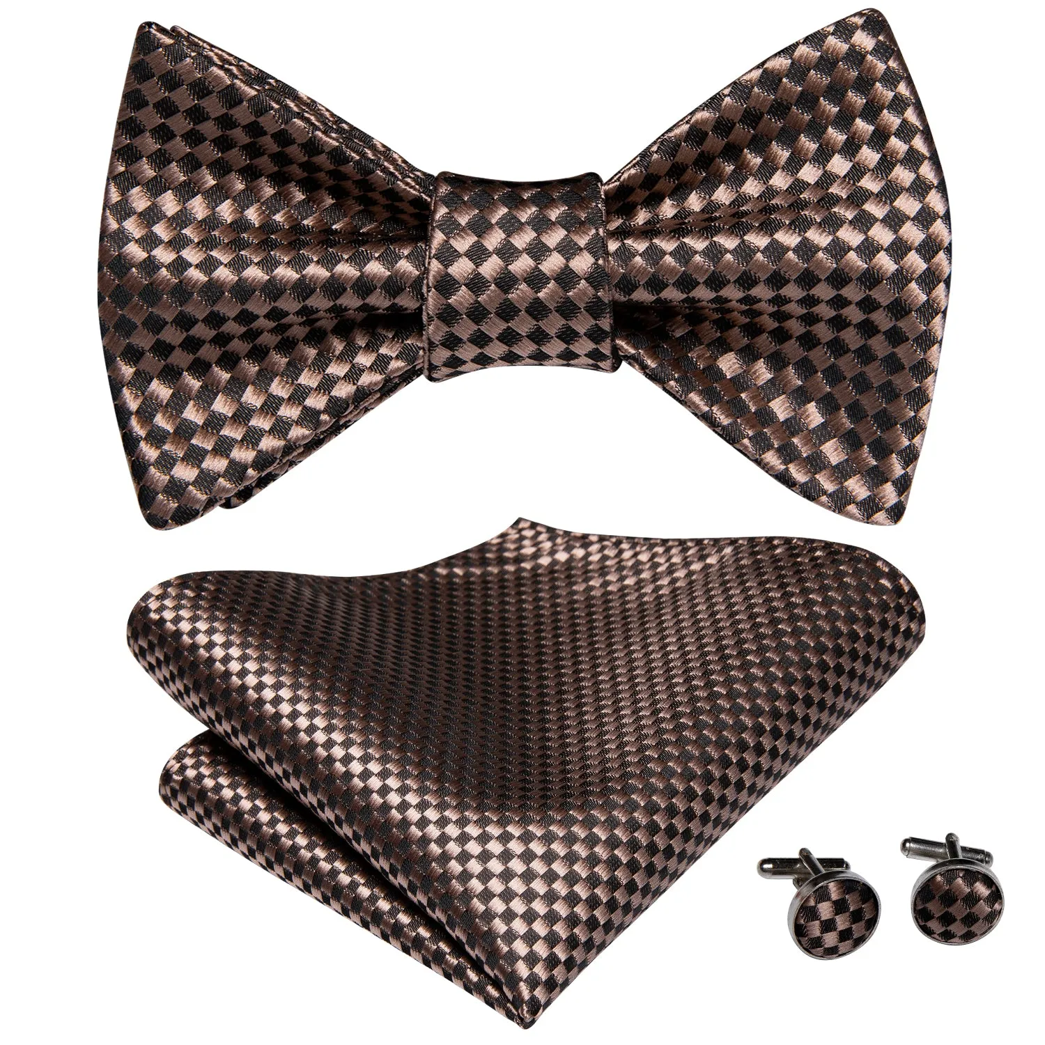 Brown Plaid Self-tied Bow Tie Pocket Square Cufflinks Set