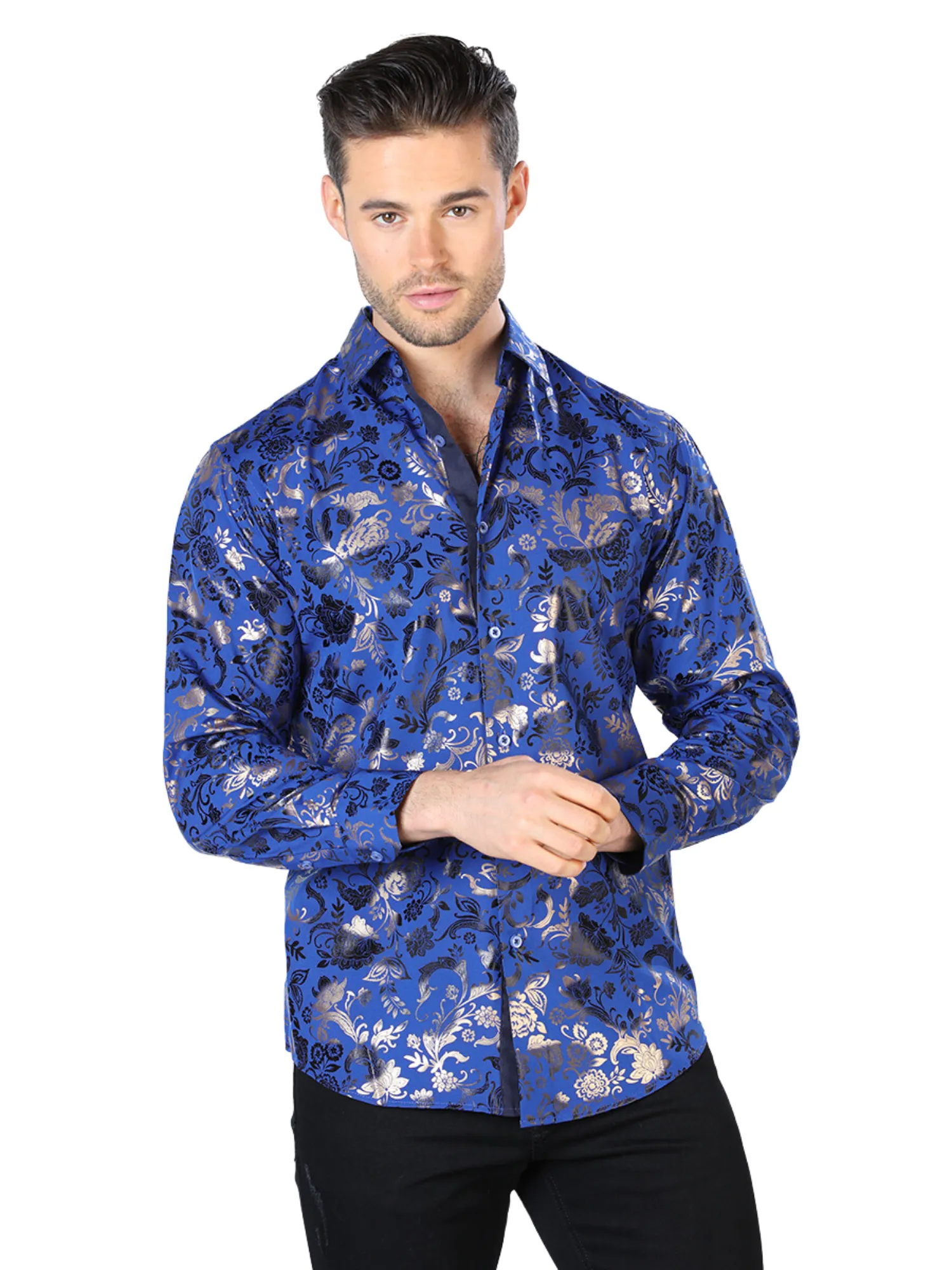 Camisa Casual Manga Larga Estampada Azul/Oro para Hombre 'El Señor de los Cielos' - ID: 44029