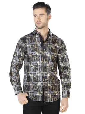 Camisa Casual Manga Larga Estampada Negro/Oro para Hombre 'El Señor de los Cielos' - ID: 44013