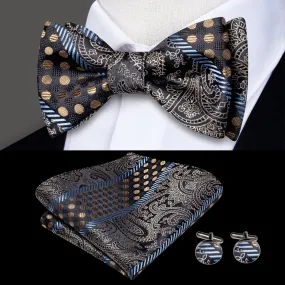 Champagne Golden Blue Novelty Silk Self-tied Bow Tie Pocket Square Cufflinks Set