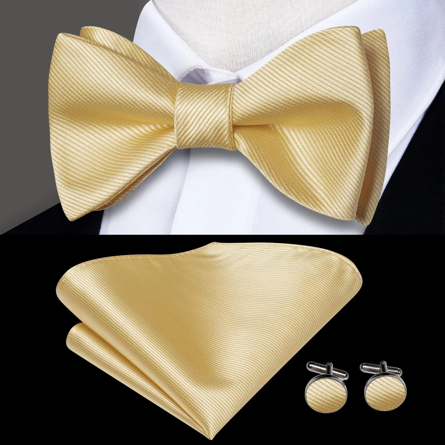 Champagne Striped Silk Self-tied Bow Tie Pocket Square Cufflinks Set