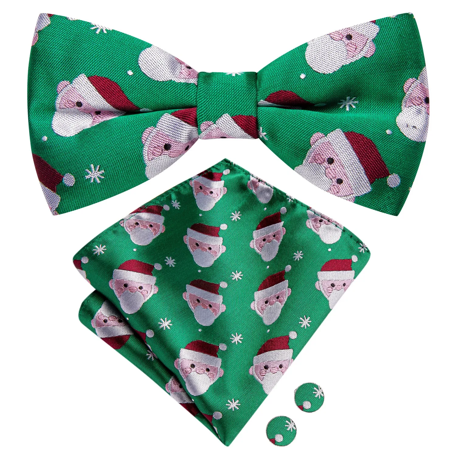 Christmas Green Snowman Pre-tied Bow Tie Hanky Cufflinks Set