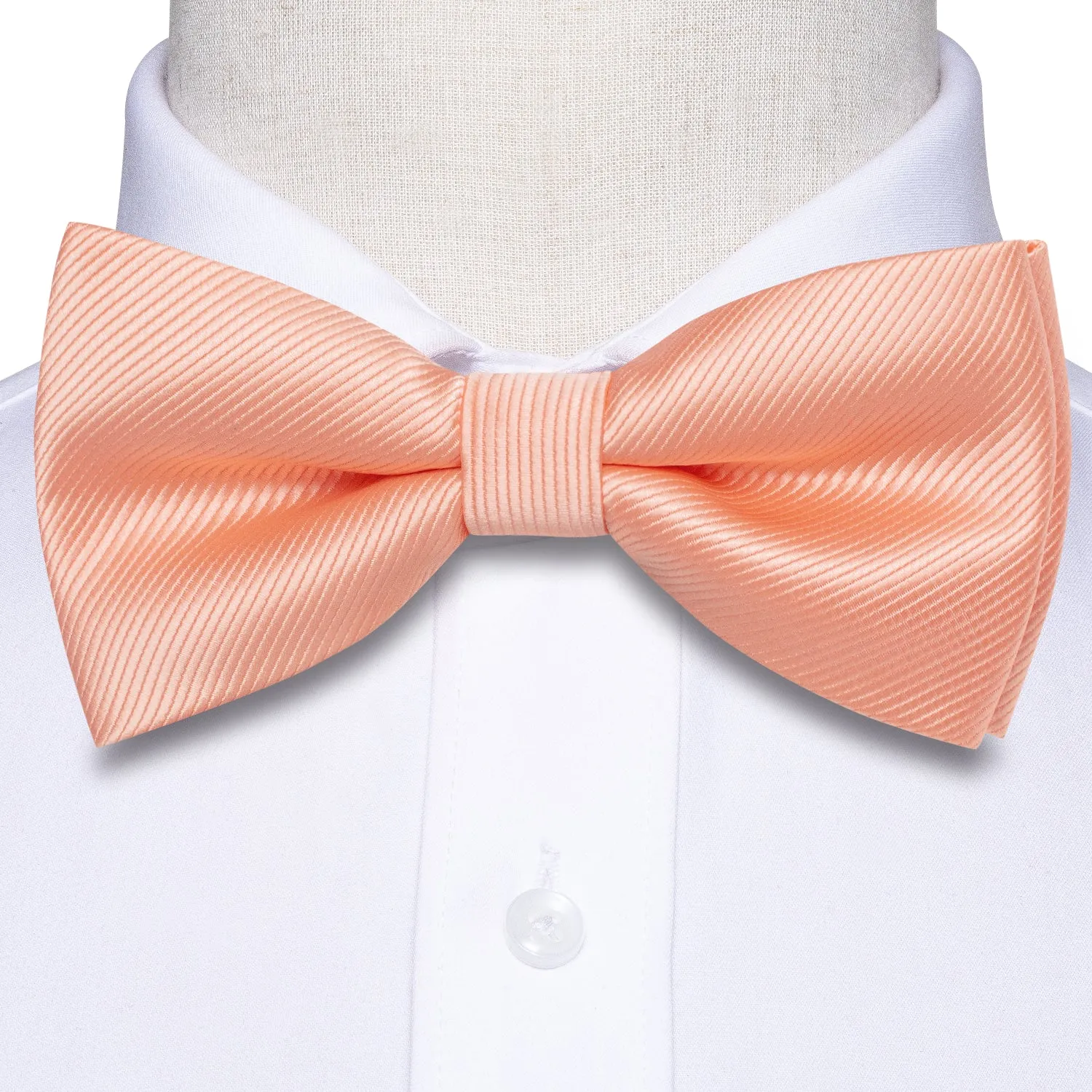 Coral Pink Striped Pre-tied Bow Tie Hanky Cufflinks Set