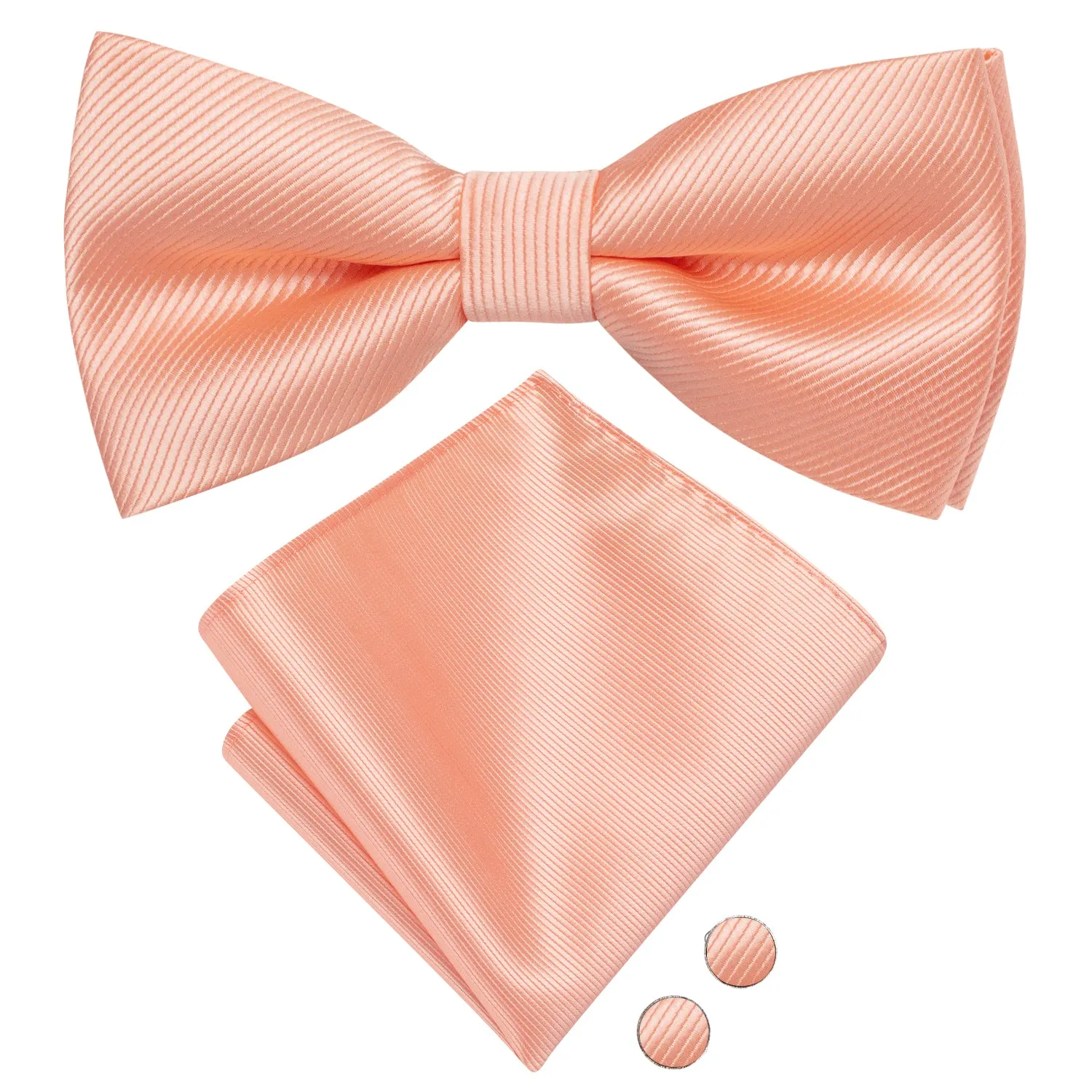 Coral Pink Striped Pre-tied Bow Tie Hanky Cufflinks Set