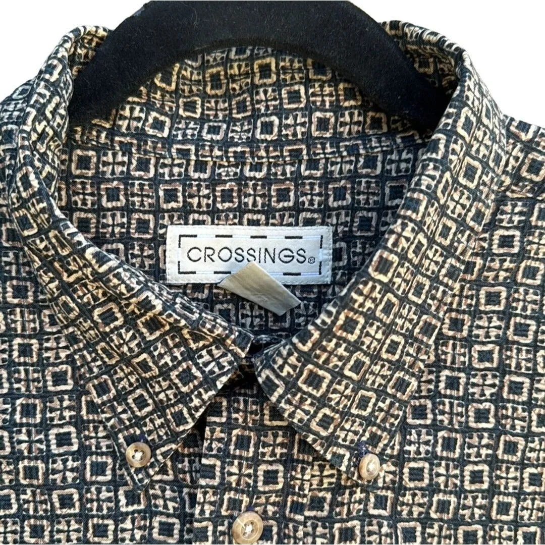 Crossings Men's Button-Up Short Sleeve Cotton Black Beige Geometric Print Shirt