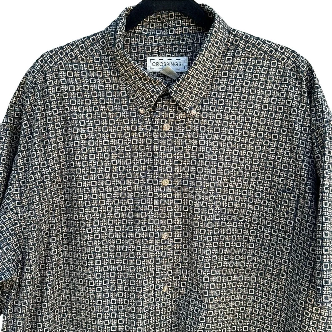 Crossings Men's Button-Up Short Sleeve Cotton Black Beige Geometric Print Shirt