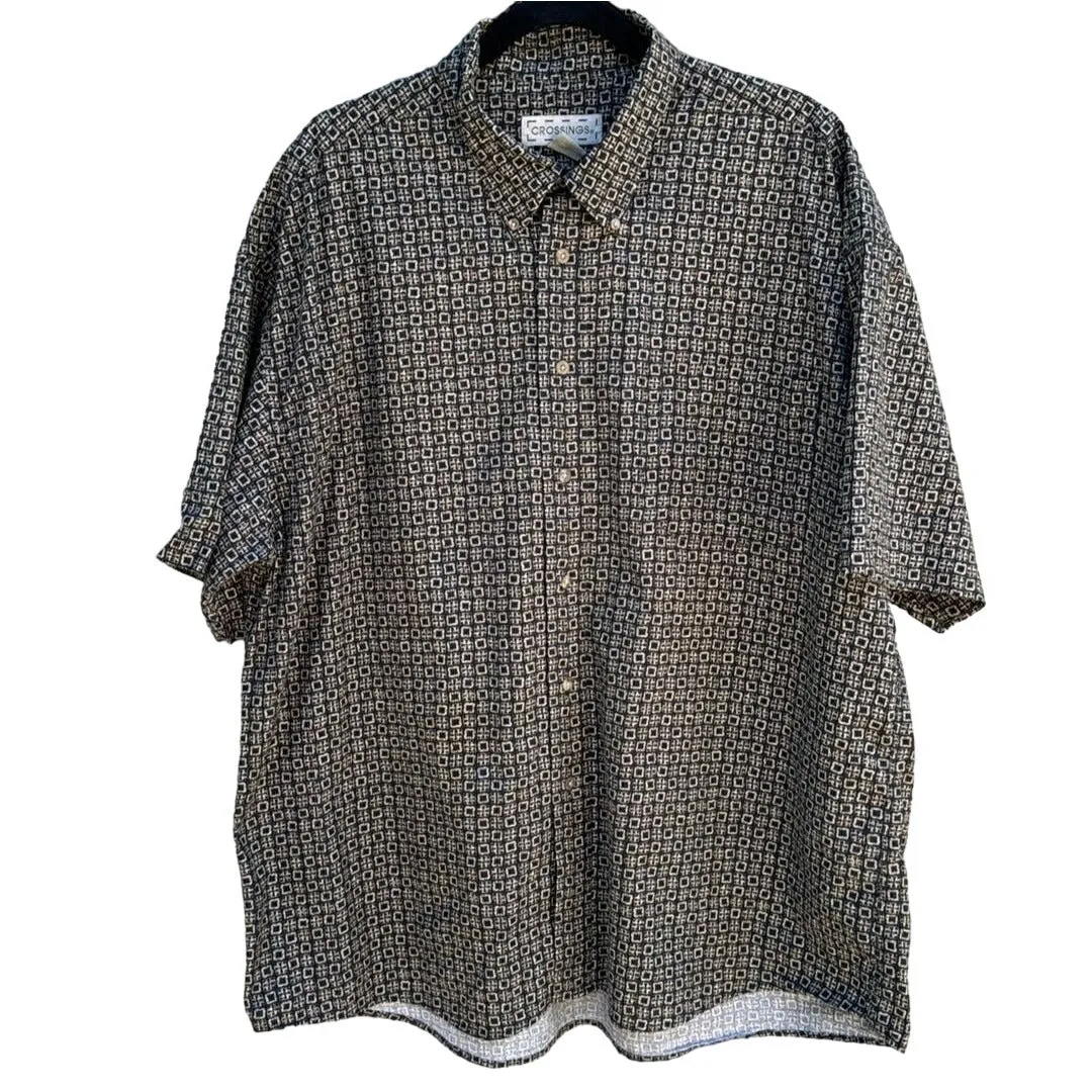 Crossings Men's Button-Up Short Sleeve Cotton Black Beige Geometric Print Shirt