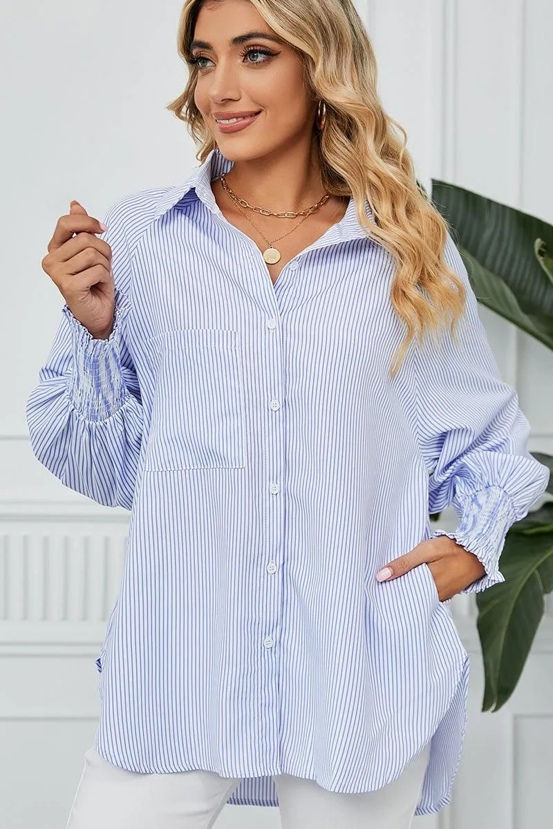 CUFF DRAW PLEATED LOOSE STRIPE COLLAR SHIRTS