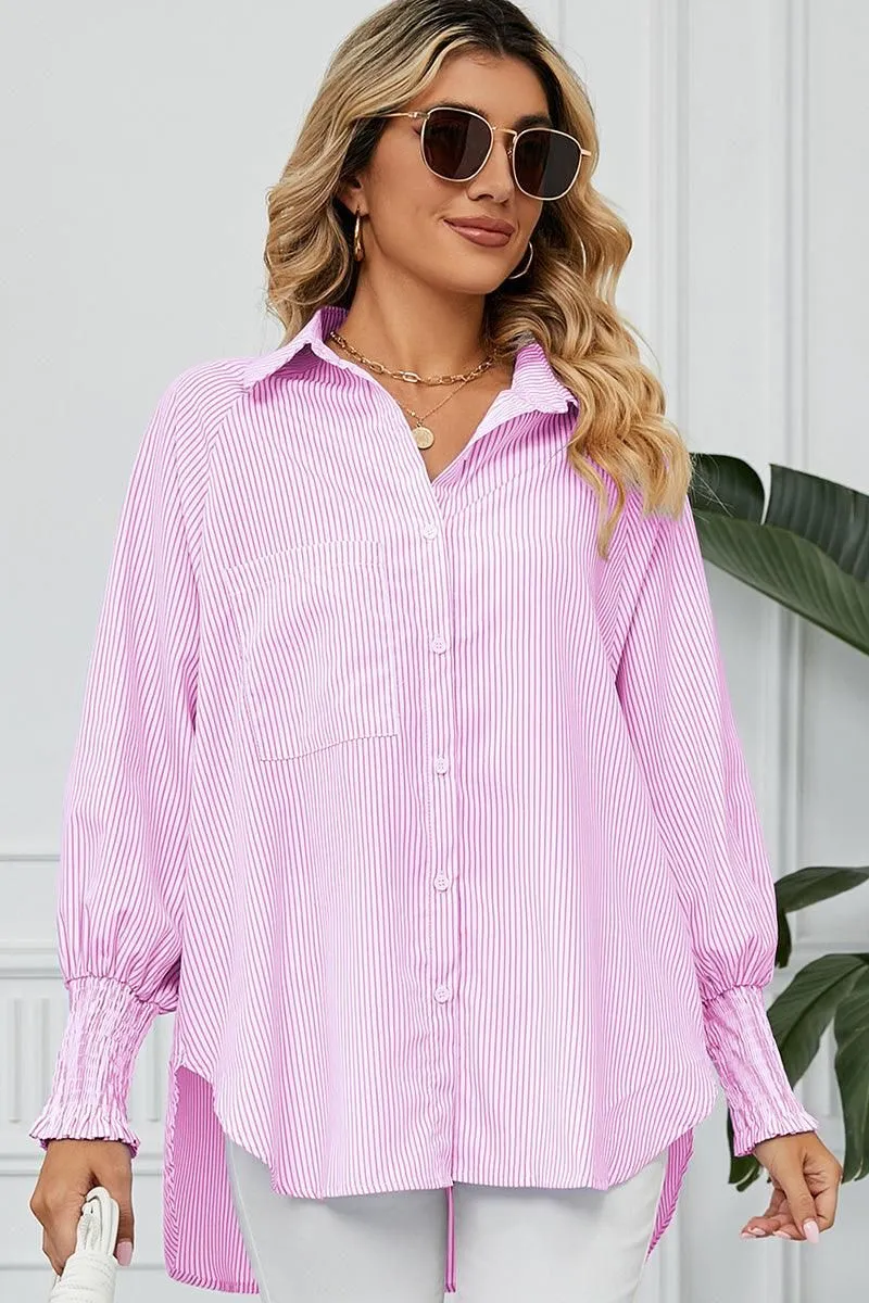 CUFF DRAW PLEATED LOOSE STRIPE COLLAR SHIRTS