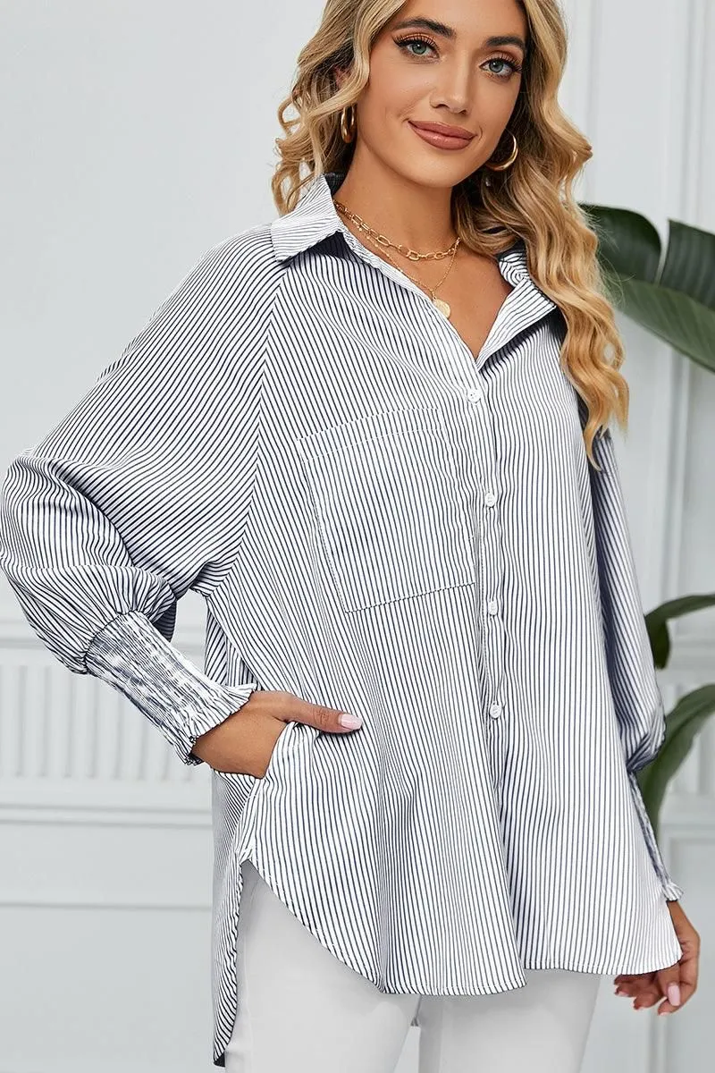 CUFF DRAW PLEATED LOOSE STRIPE COLLAR SHIRTS