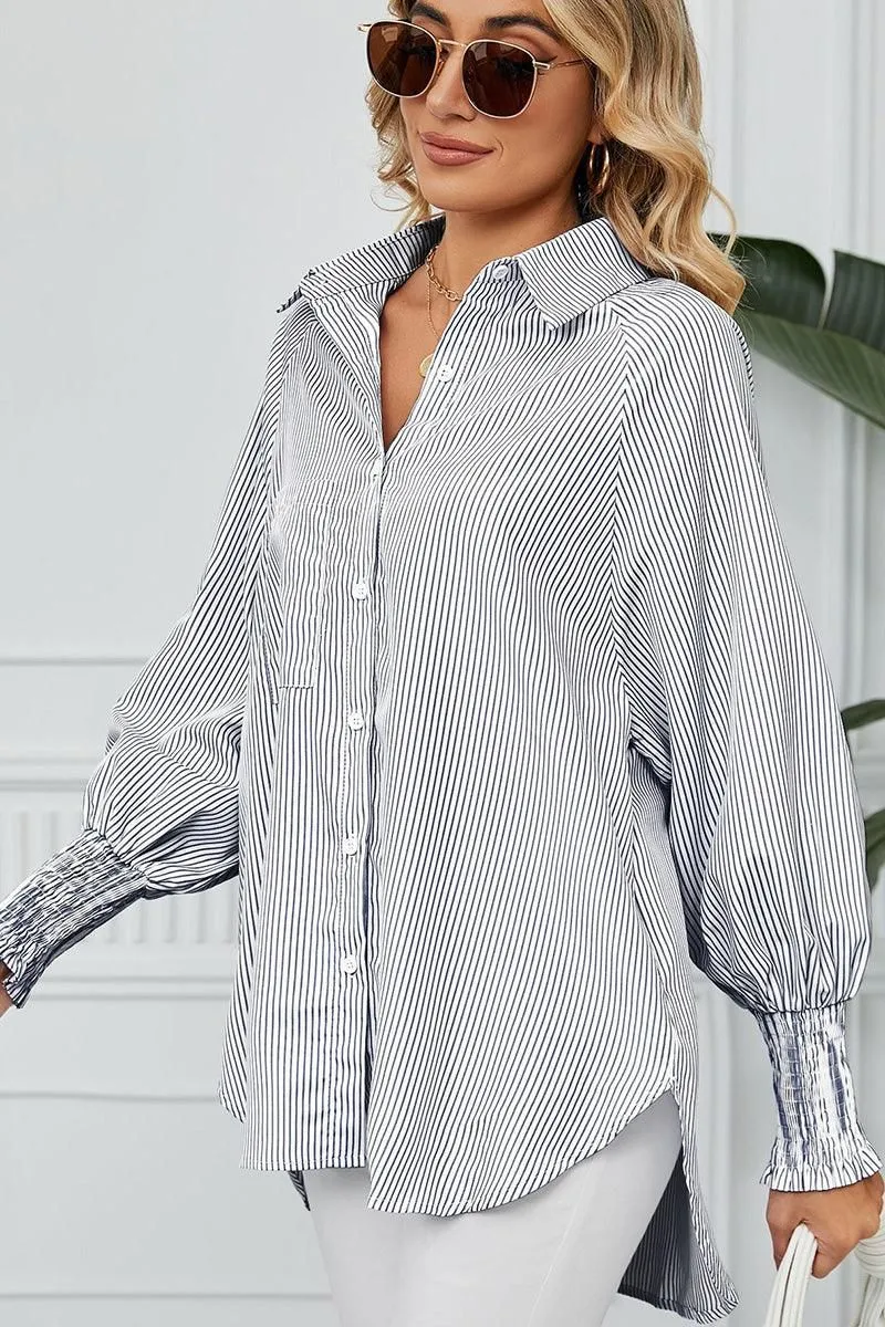 CUFF DRAW PLEATED LOOSE STRIPE COLLAR SHIRTS