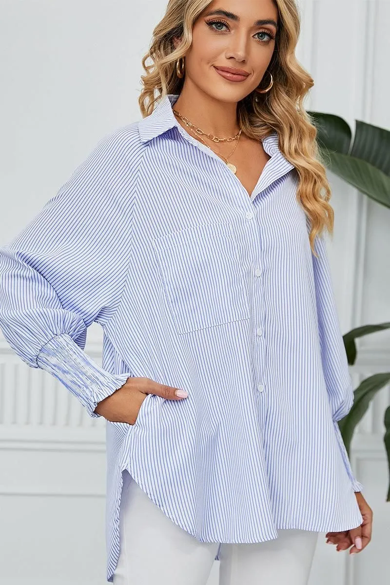 CUFF DRAW PLEATED LOOSE STRIPE COLLAR SHIRTS