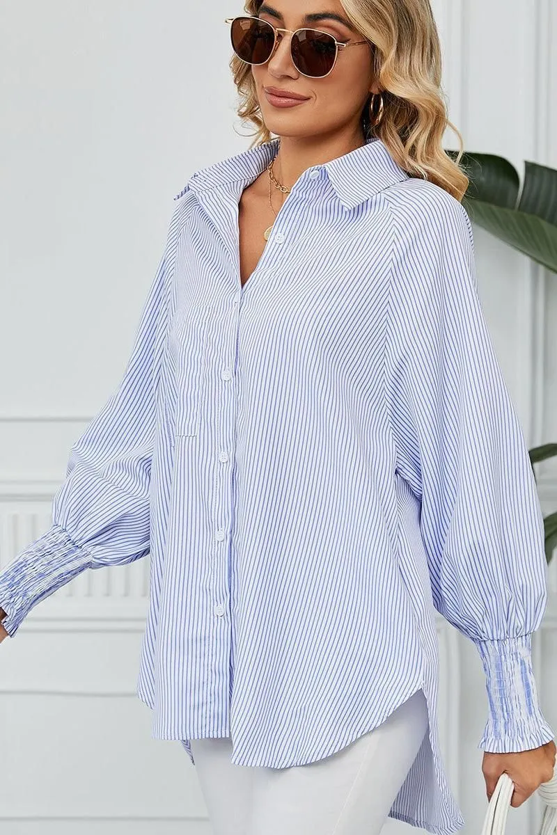 CUFF DRAW PLEATED LOOSE STRIPE COLLAR SHIRTS