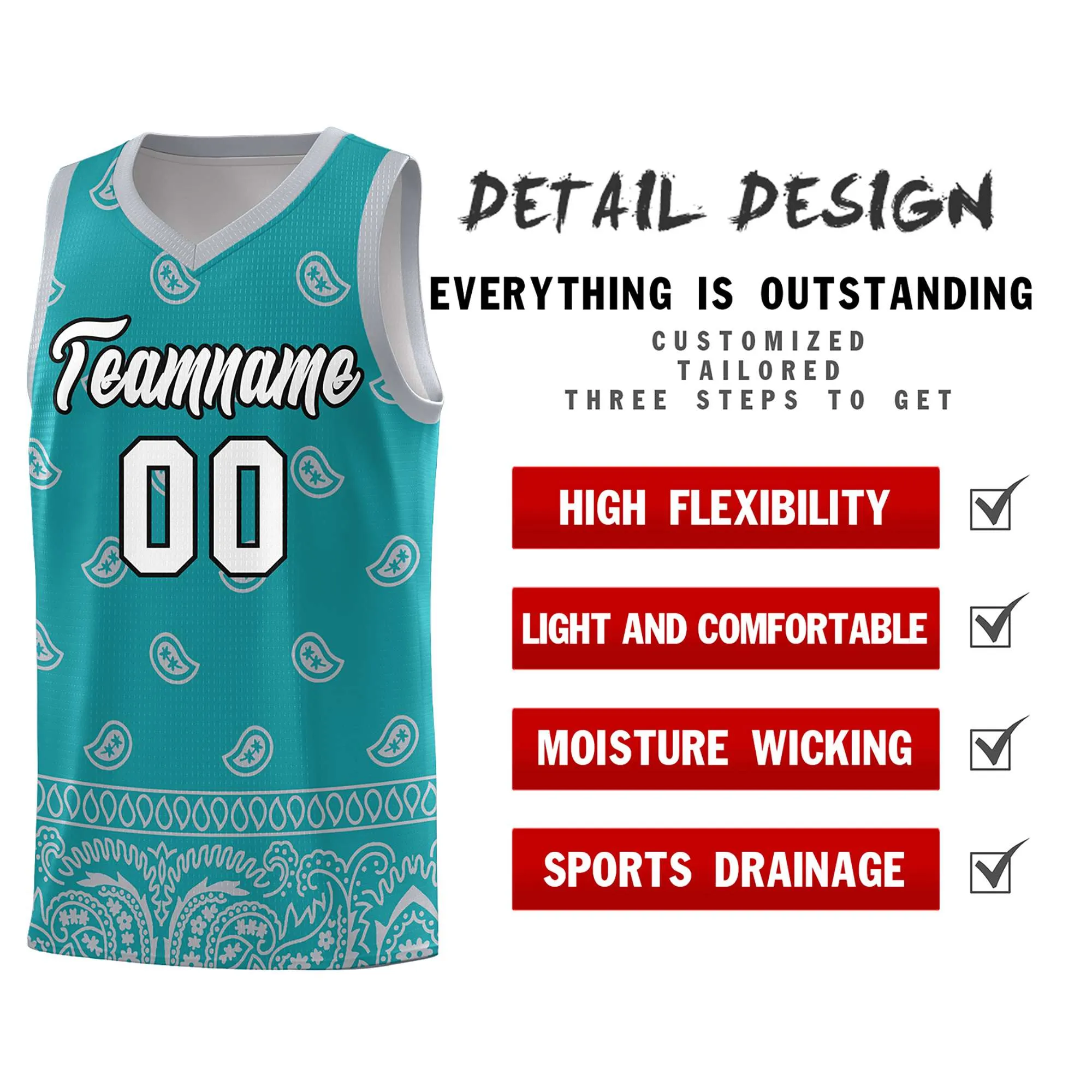 Custom Aqua Gray Personalized Cashew Pattern Sports Uniform Basketball Jersey