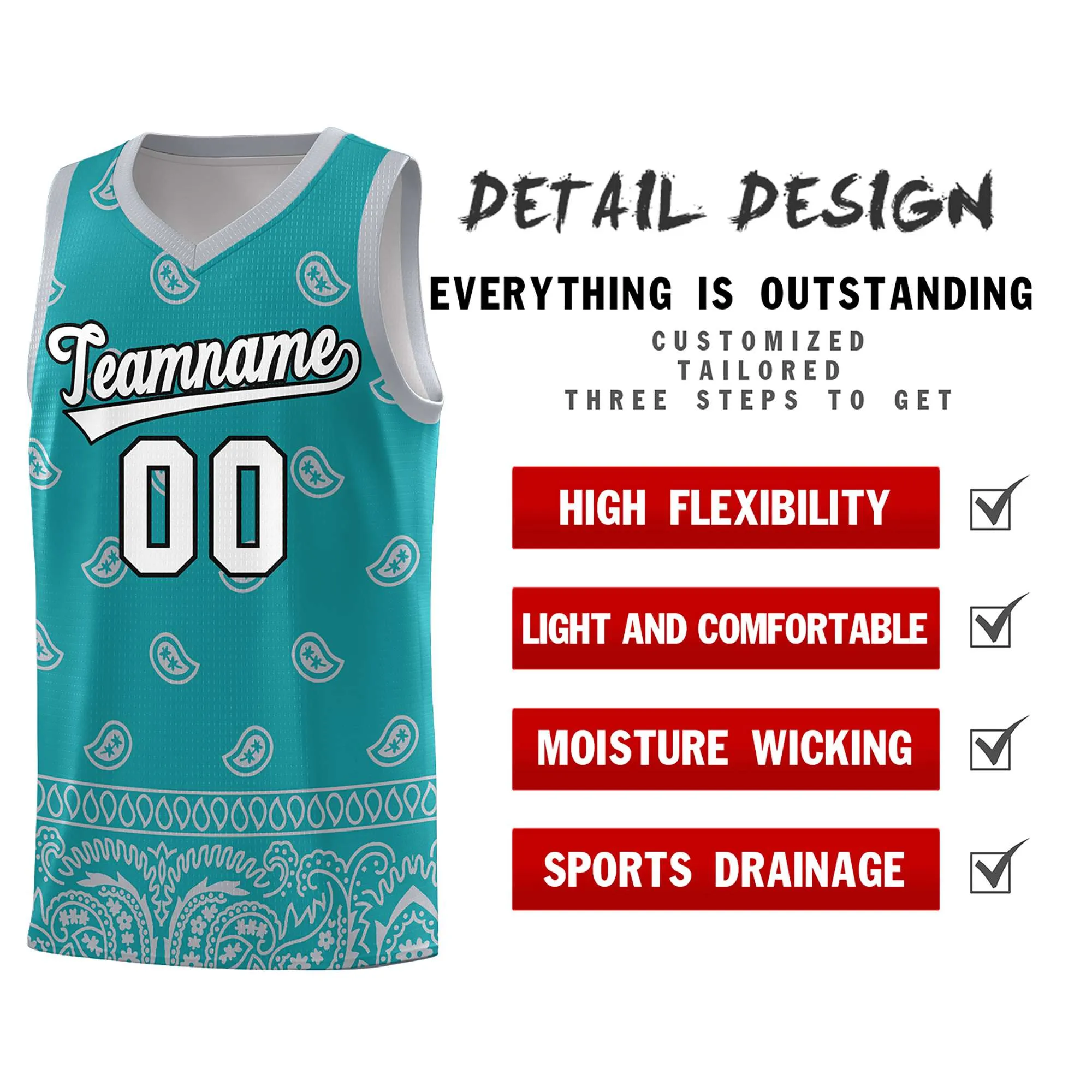 Custom Aqua Gray Personalized Cashew Pattern Sports Uniform Basketball Jersey