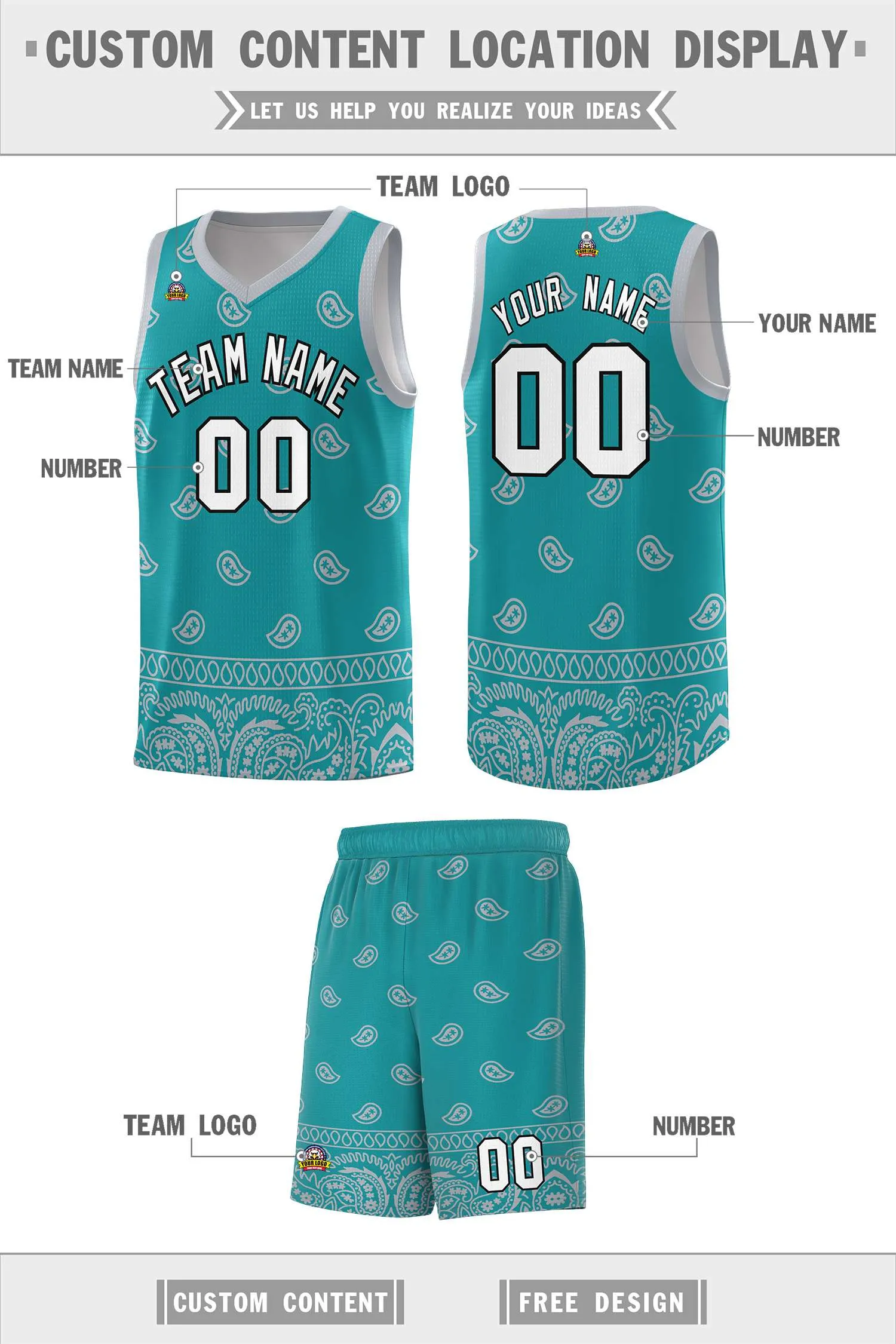 Custom Aqua Gray Personalized Cashew Pattern Sports Uniform Basketball Jersey