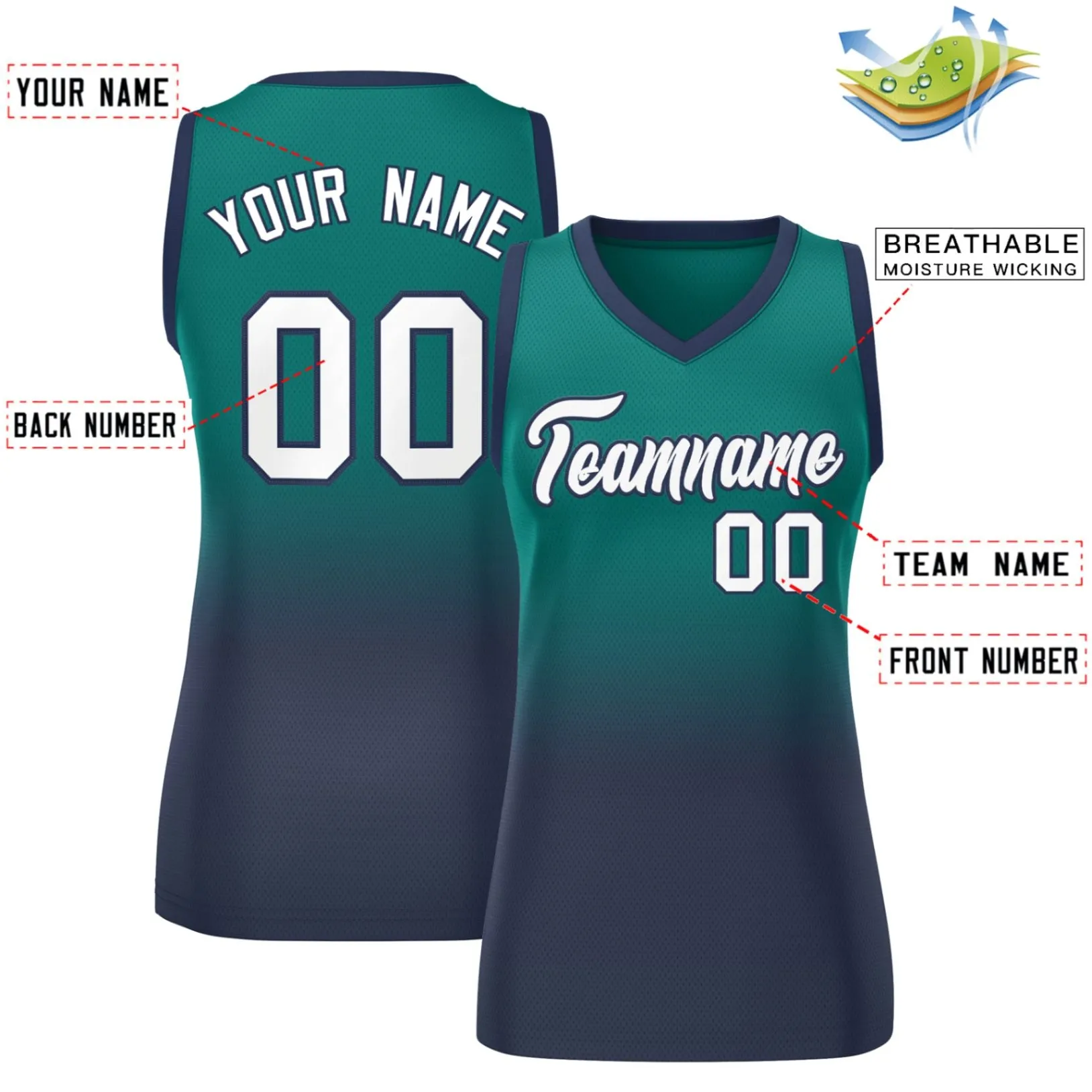 Custom Aqua Navy Gradient Fashion Tops Mesh Basketball Jersey For Women