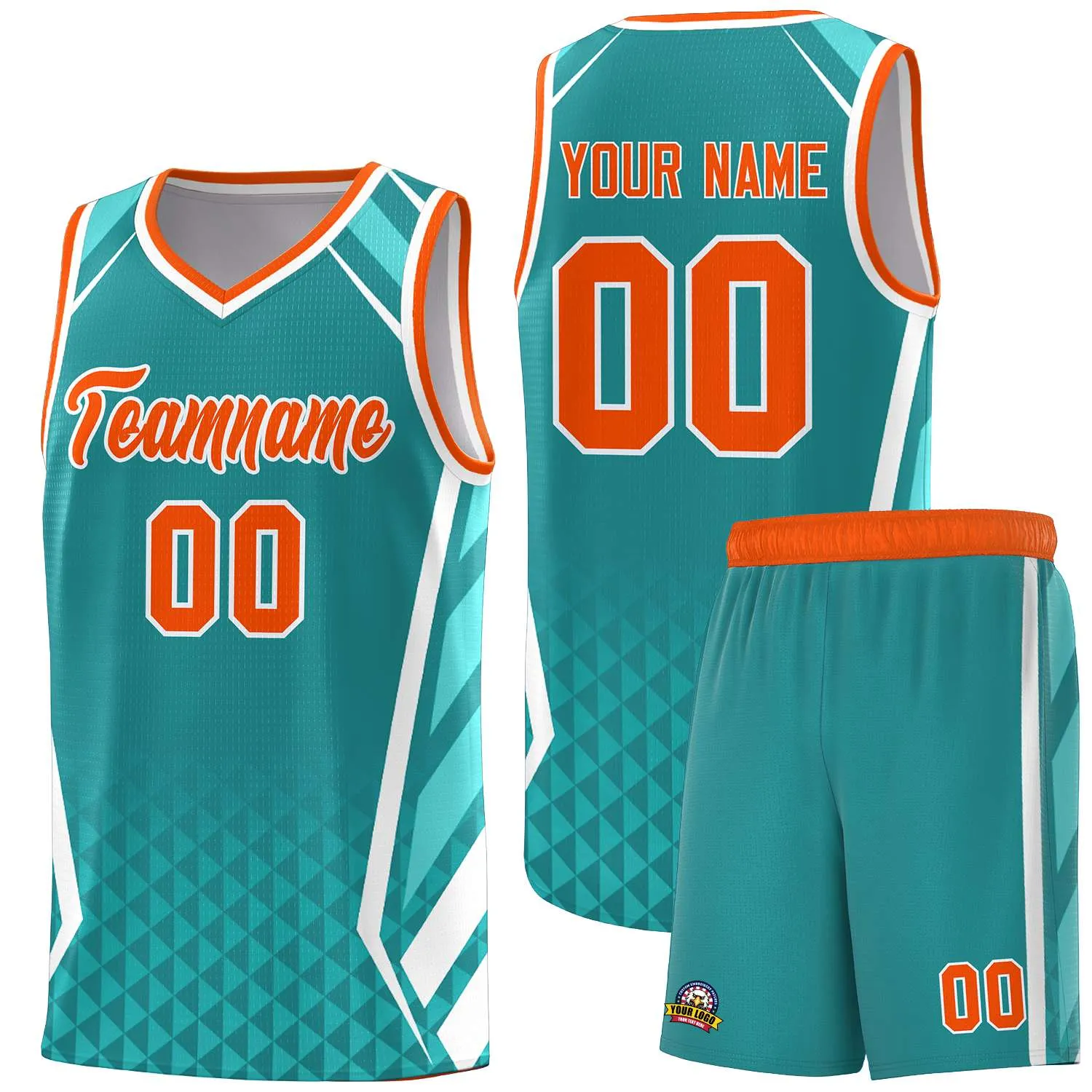 Custom Aqua Orange Diamond Pattern Side Slash Sports Uniform Basketball Jersey