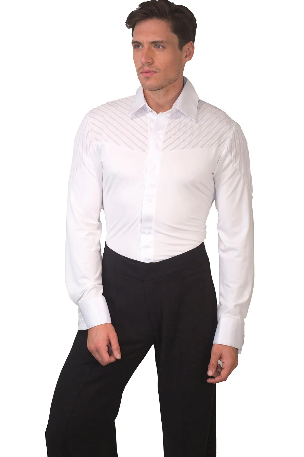 Dance America MS19 Men's Snap Closure Collared Stripe Inset Ballroom Shirt with Trunks in Stock