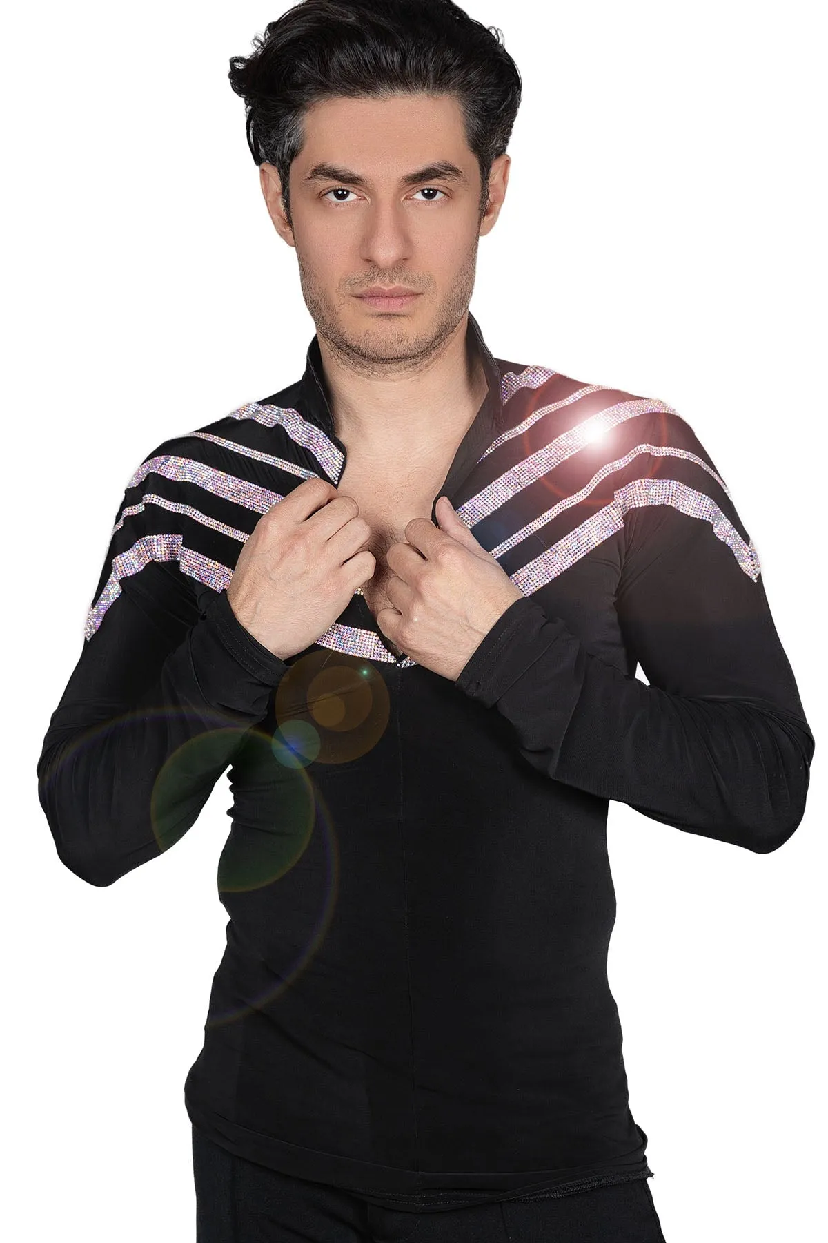 Dance America MS43 Men's Diagonal Rhinestone Stripe Latin Dance Shirt with V-Neck and Trunks in Stock