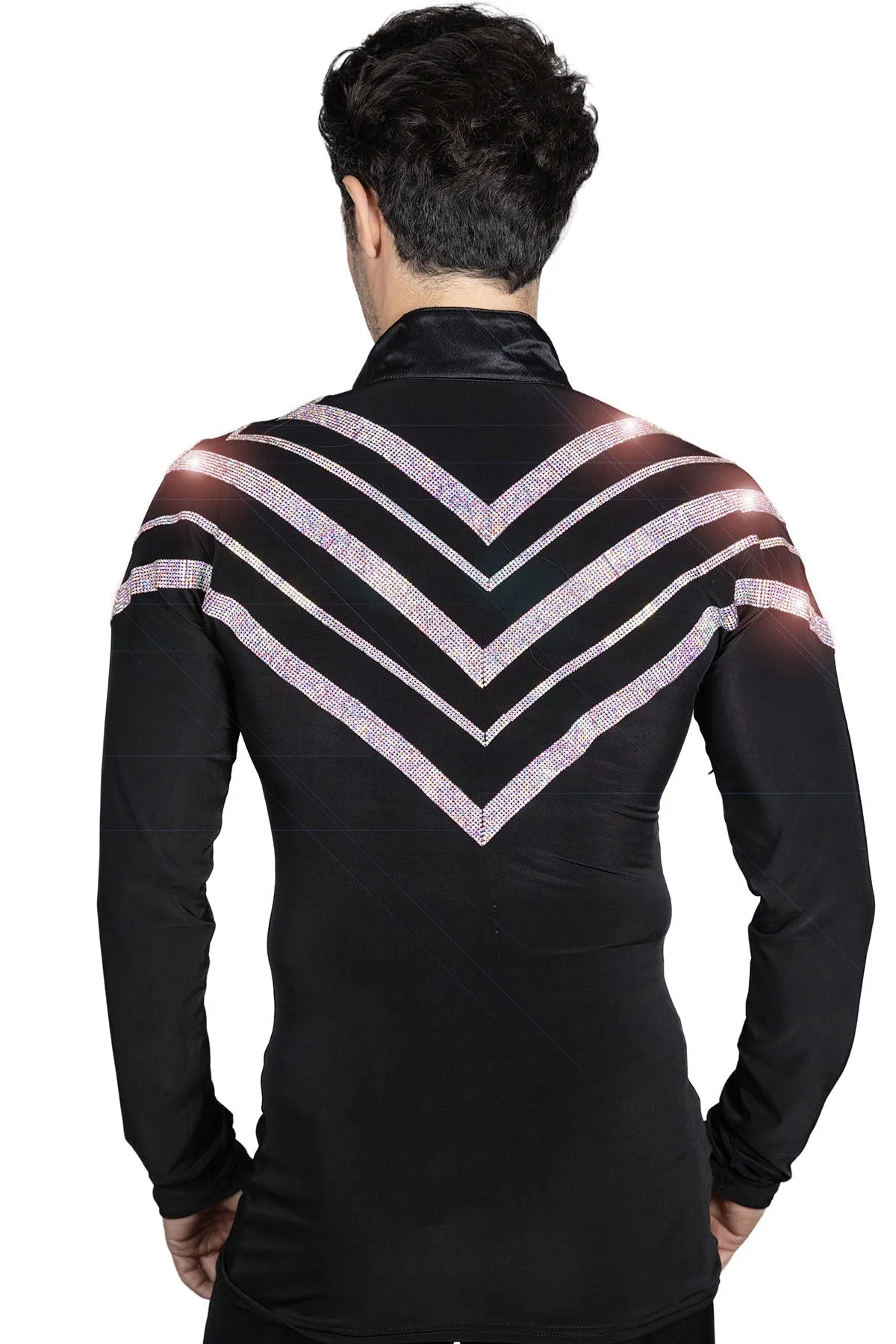 Dance America MS43 Men's Diagonal Rhinestone Stripe Latin Dance Shirt with V-Neck and Trunks in Stock