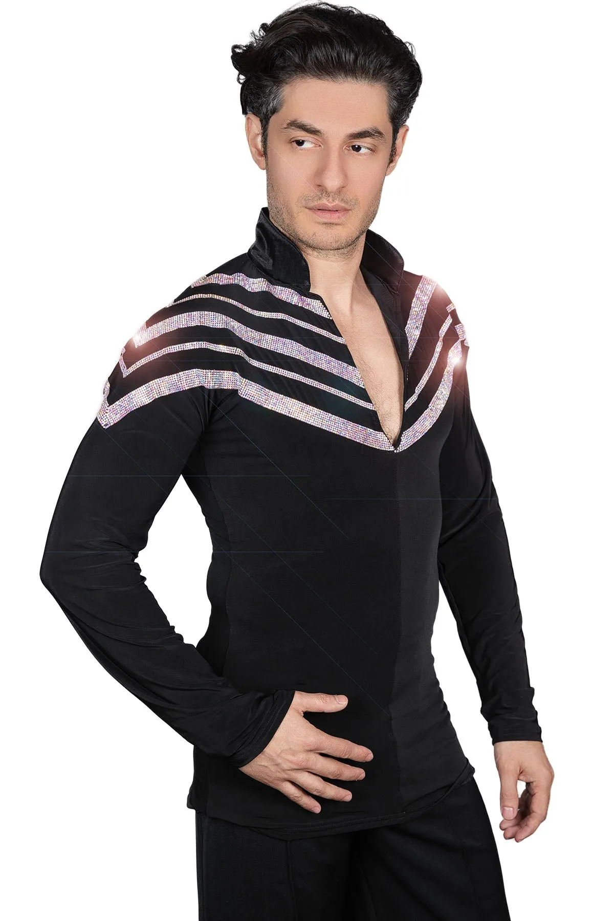 Dance America MS43 Men's Diagonal Rhinestone Stripe Latin Dance Shirt with V-Neck and Trunks in Stock