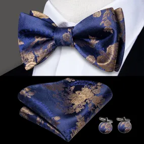 Dark Blue Champagne Floral Silk Self-tied Bow Tie Pocket Square Cufflinks Set