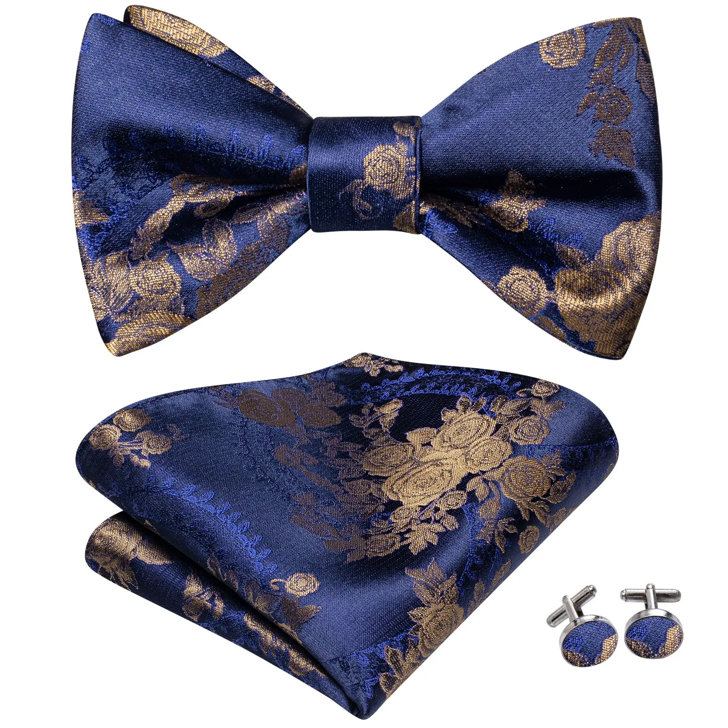 Dark Blue Champagne Floral Silk Self-tied Bow Tie Pocket Square Cufflinks Set