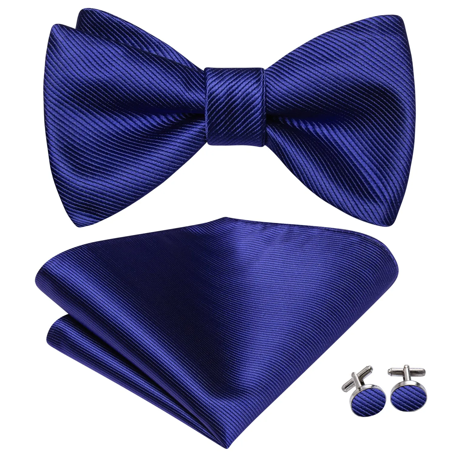 Dark Blue Striped Silk Self-tied Bow Tie Pocket Square Cufflinks Set