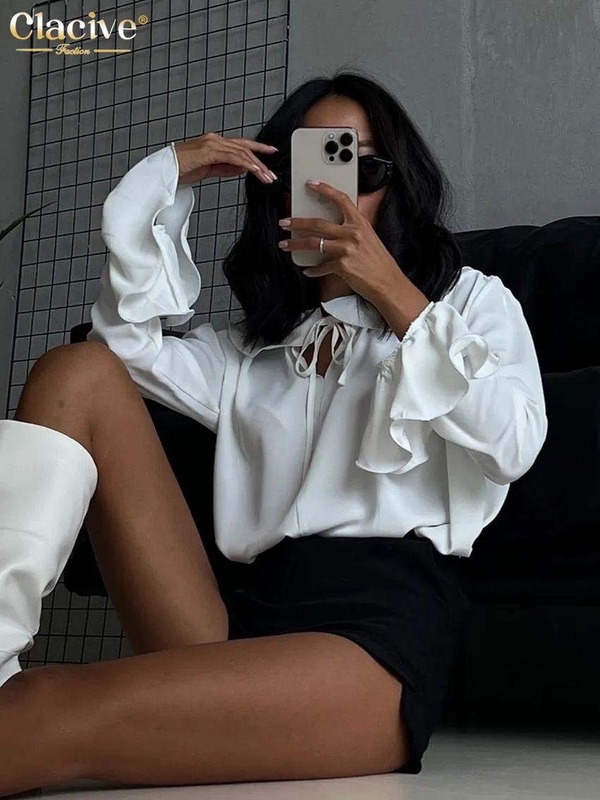 deanwangkt Fashion Woman Blouses  Auutmn Doll Collar Trumpet Sleeve Office Lady Shirts Elegant Loose White Blusas Tops Female